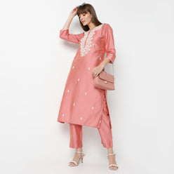 Straight Fit Embroidered Round Neck Kurta and Pant with Dupatta Set
