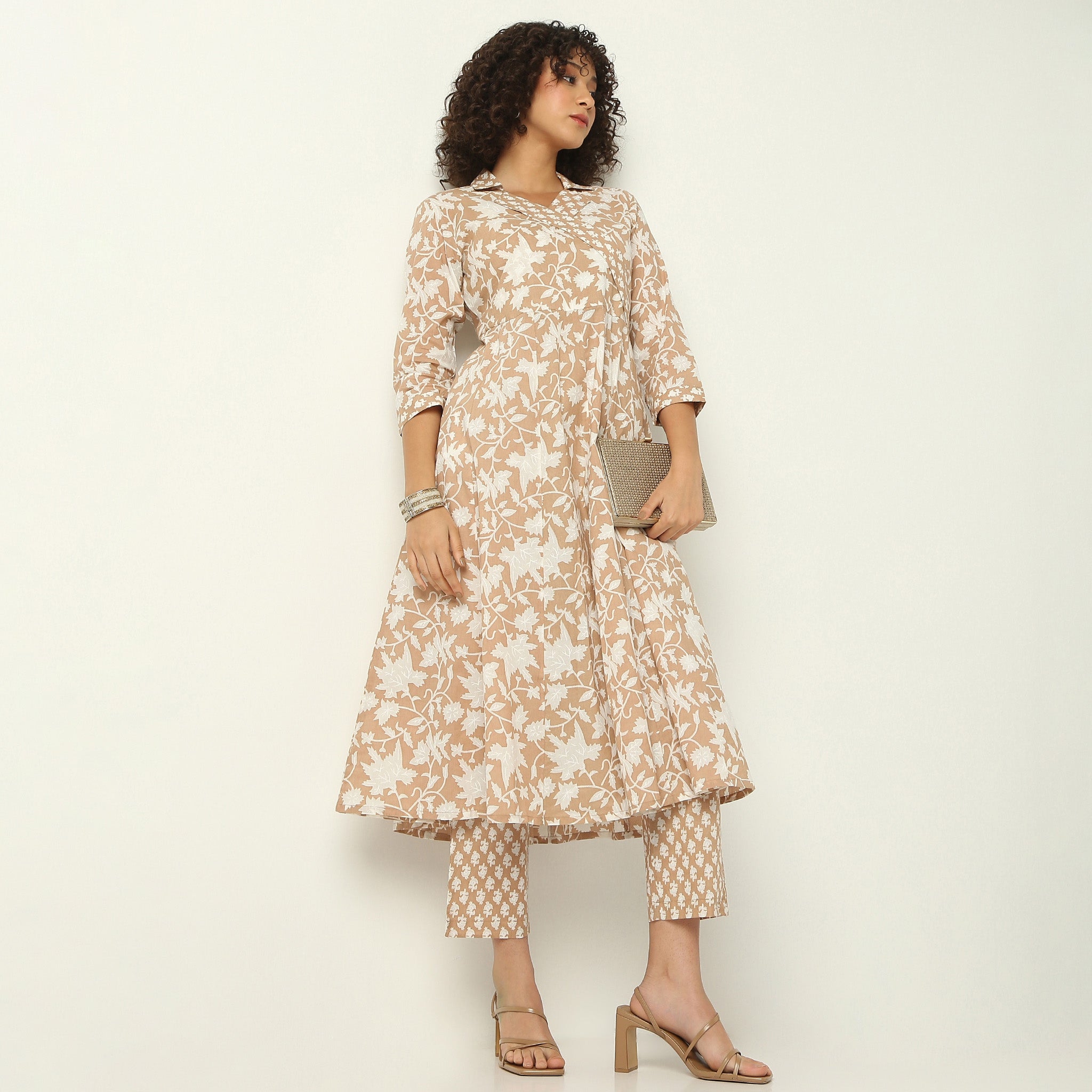 Flare Fit Printed Lapel Collar Kurta with Pant Set