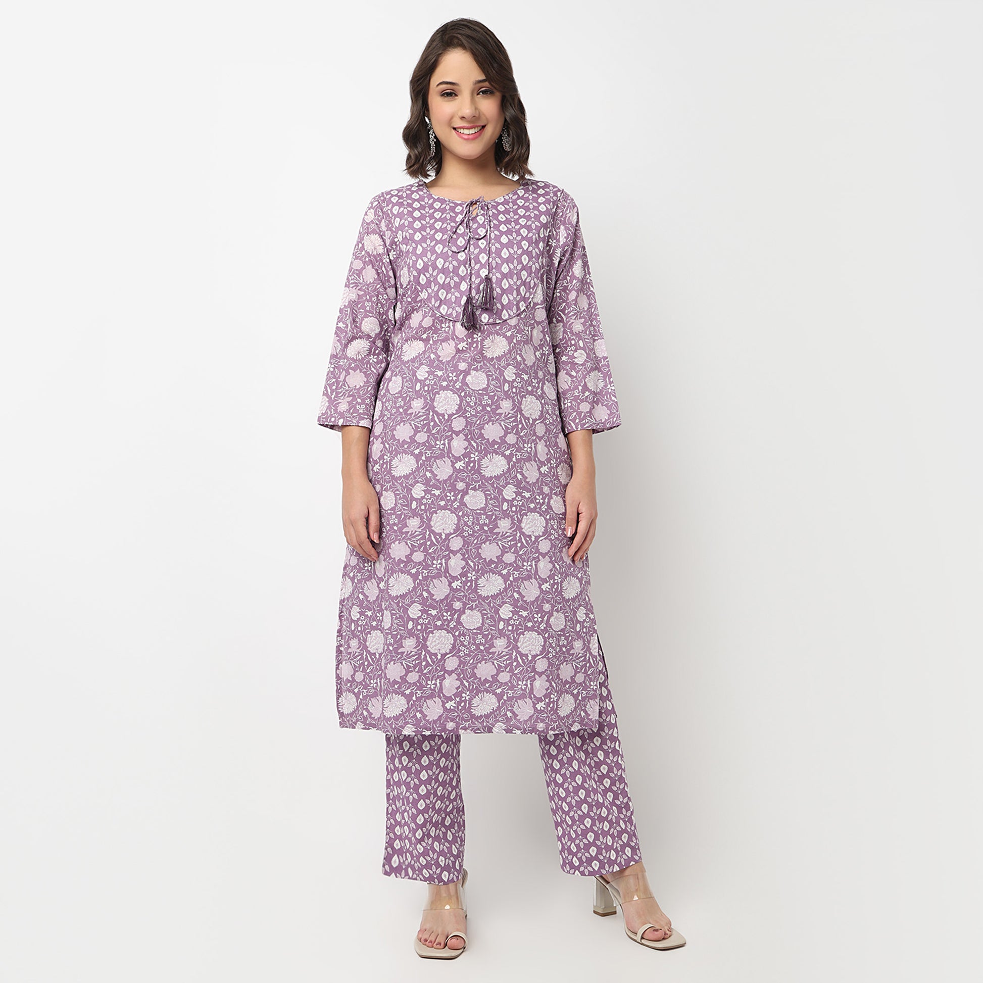 Cotton Printed Flared Kurta with Pant & with Dupatta Set