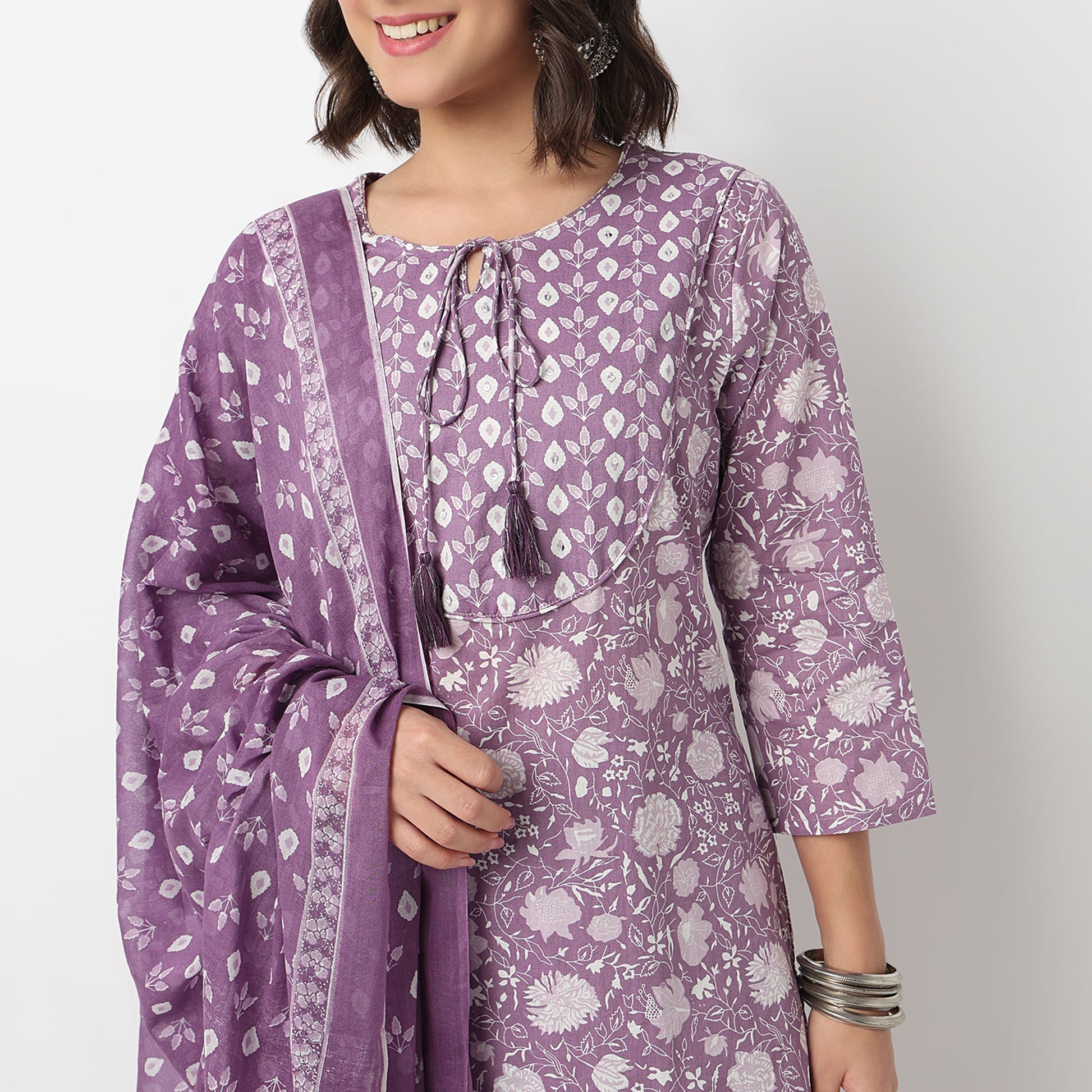 Cotton Printed Flared Kurta with Pant & with Dupatta Set