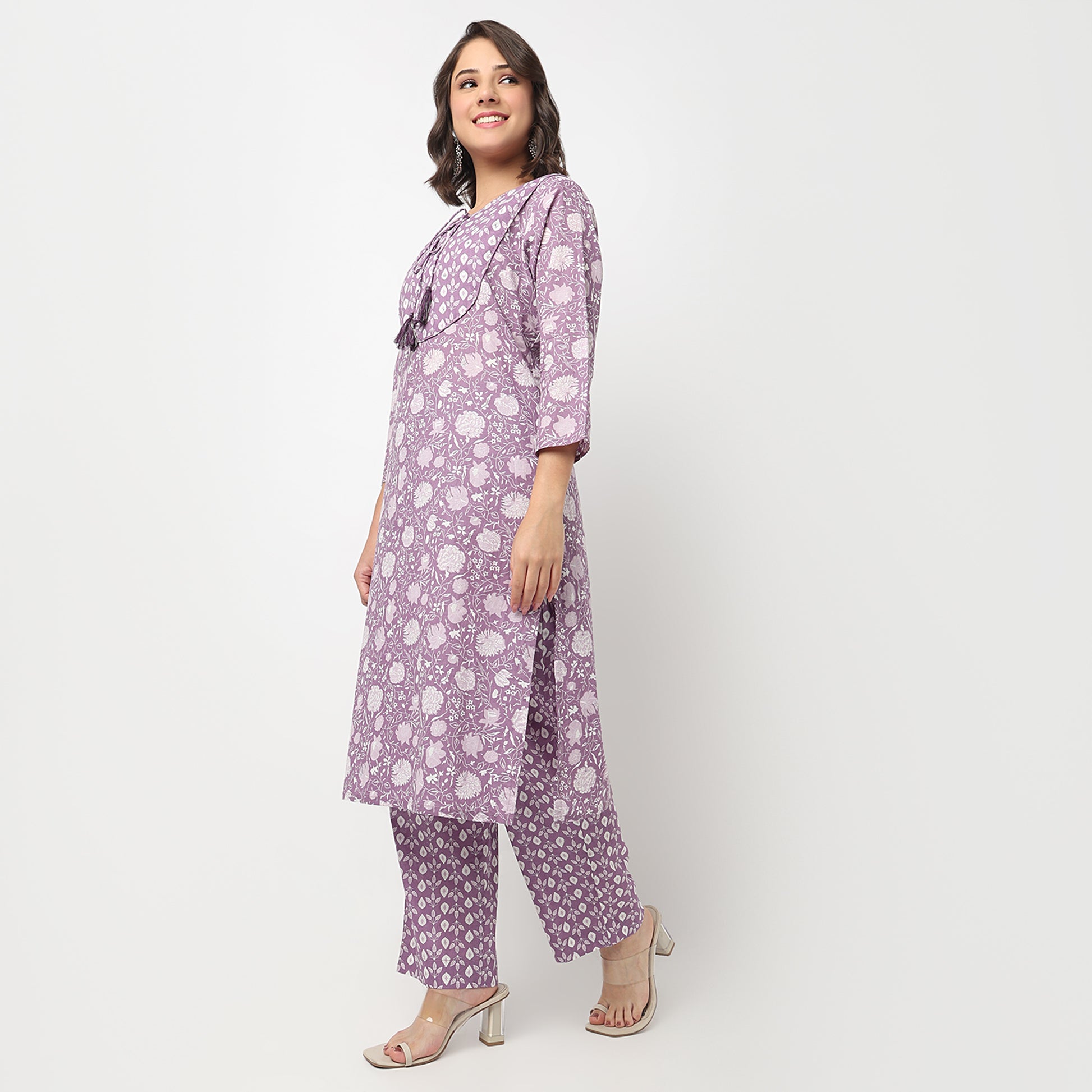 Cotton Printed Flared Kurta with Pant & with Dupatta Set