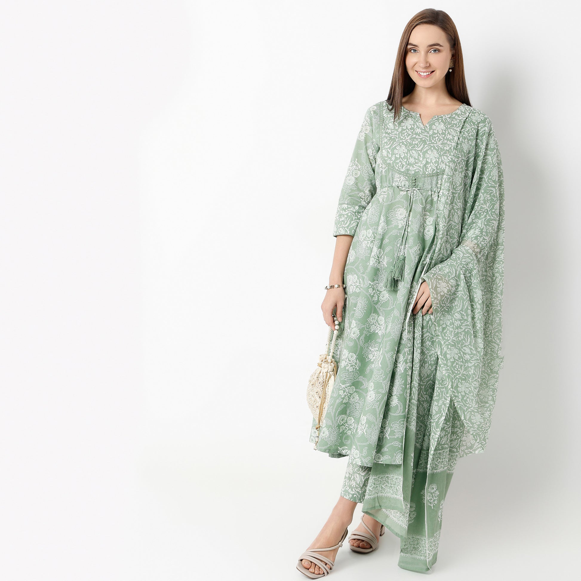 Flare Fit Printed Round Neck Kurta and Pant with Dupatta Set