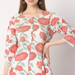 Flare Fit Printed Round Neck Kurta and Pant with Dupatta Set