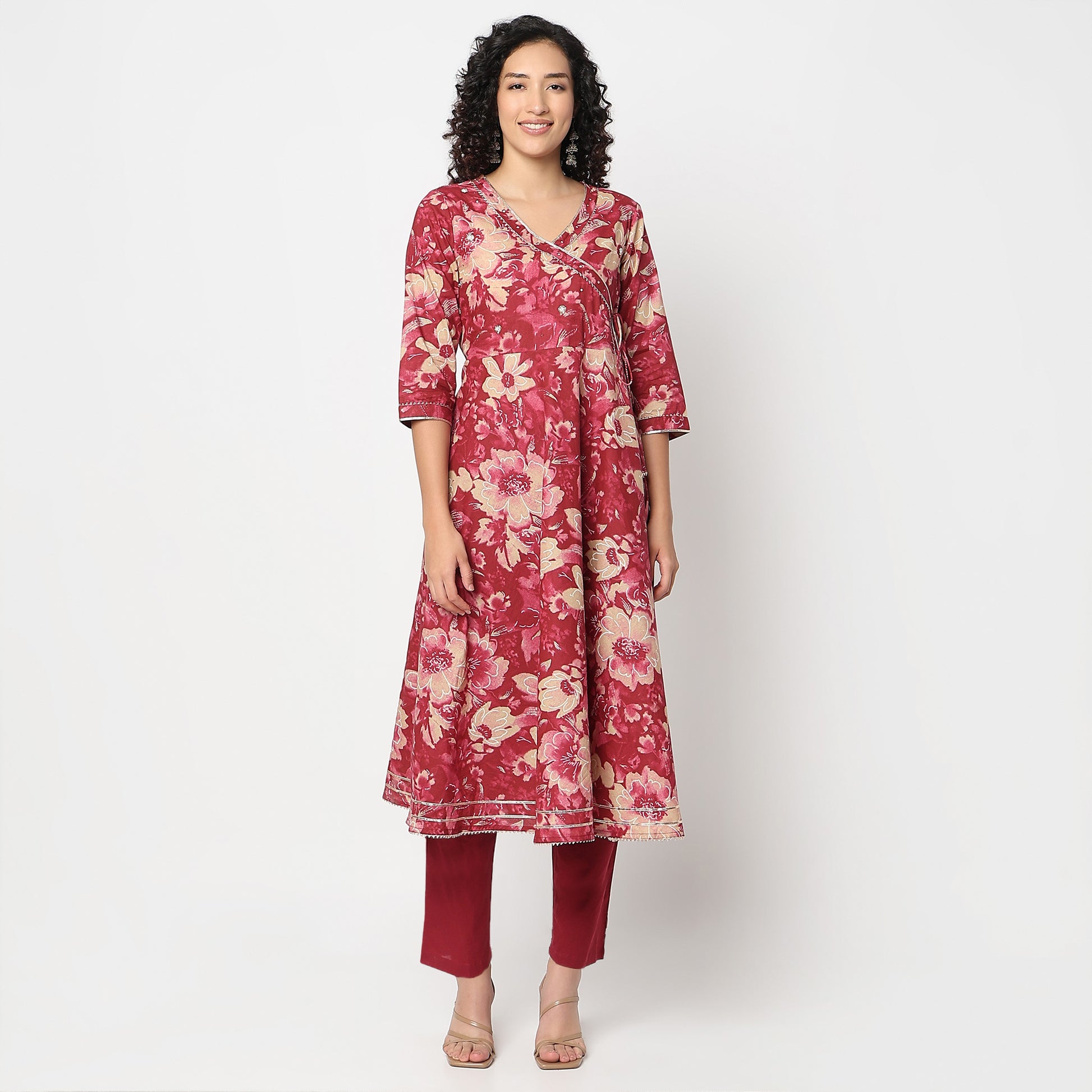 Flare Fit Printed V-Neck Kurta and Pant with Dupatta Set
