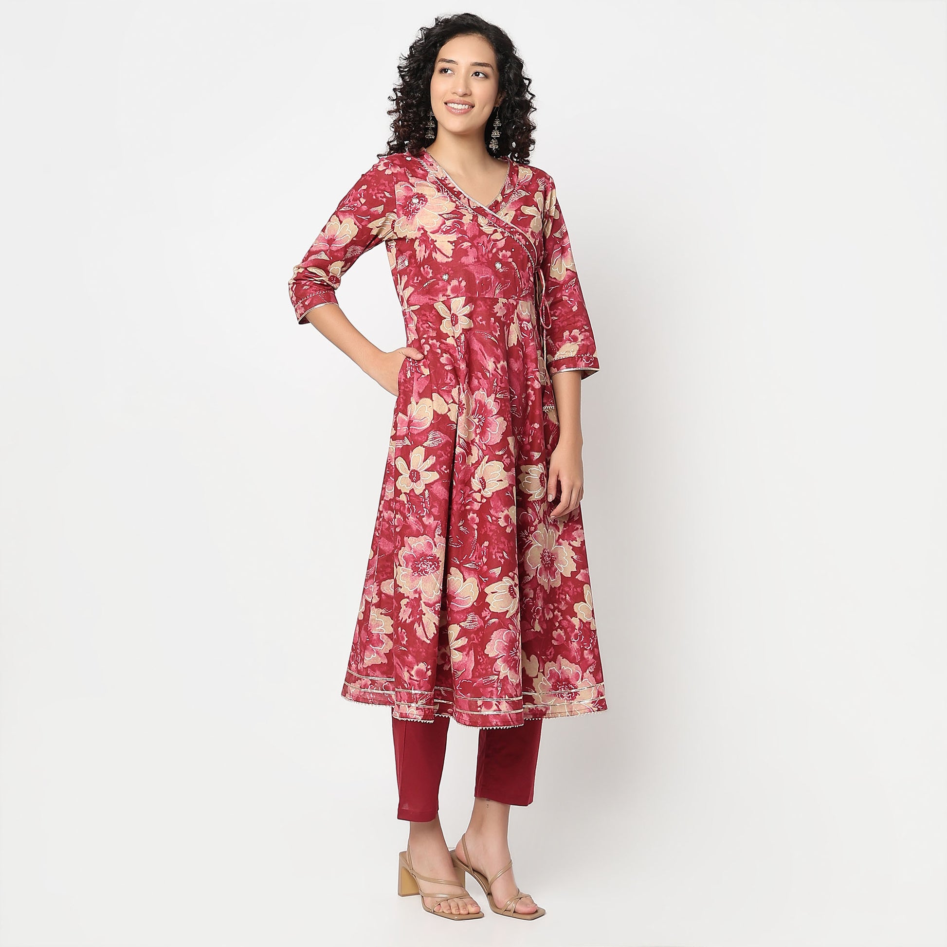 Flare Fit Printed V-Neck Kurta and Pant with Dupatta Set