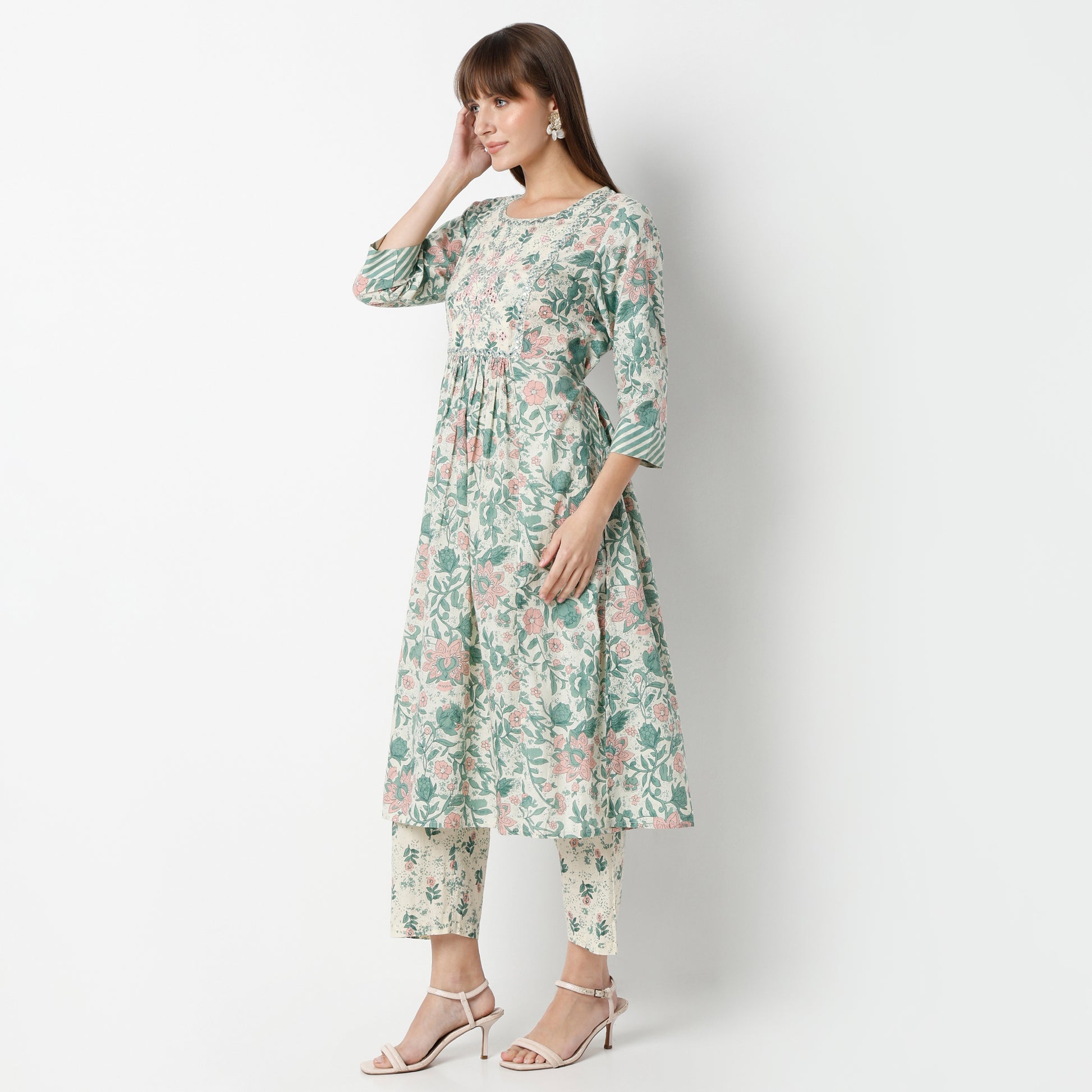 Flare Fit Printed Round Neck Kurta and Pant with Dupatta Set