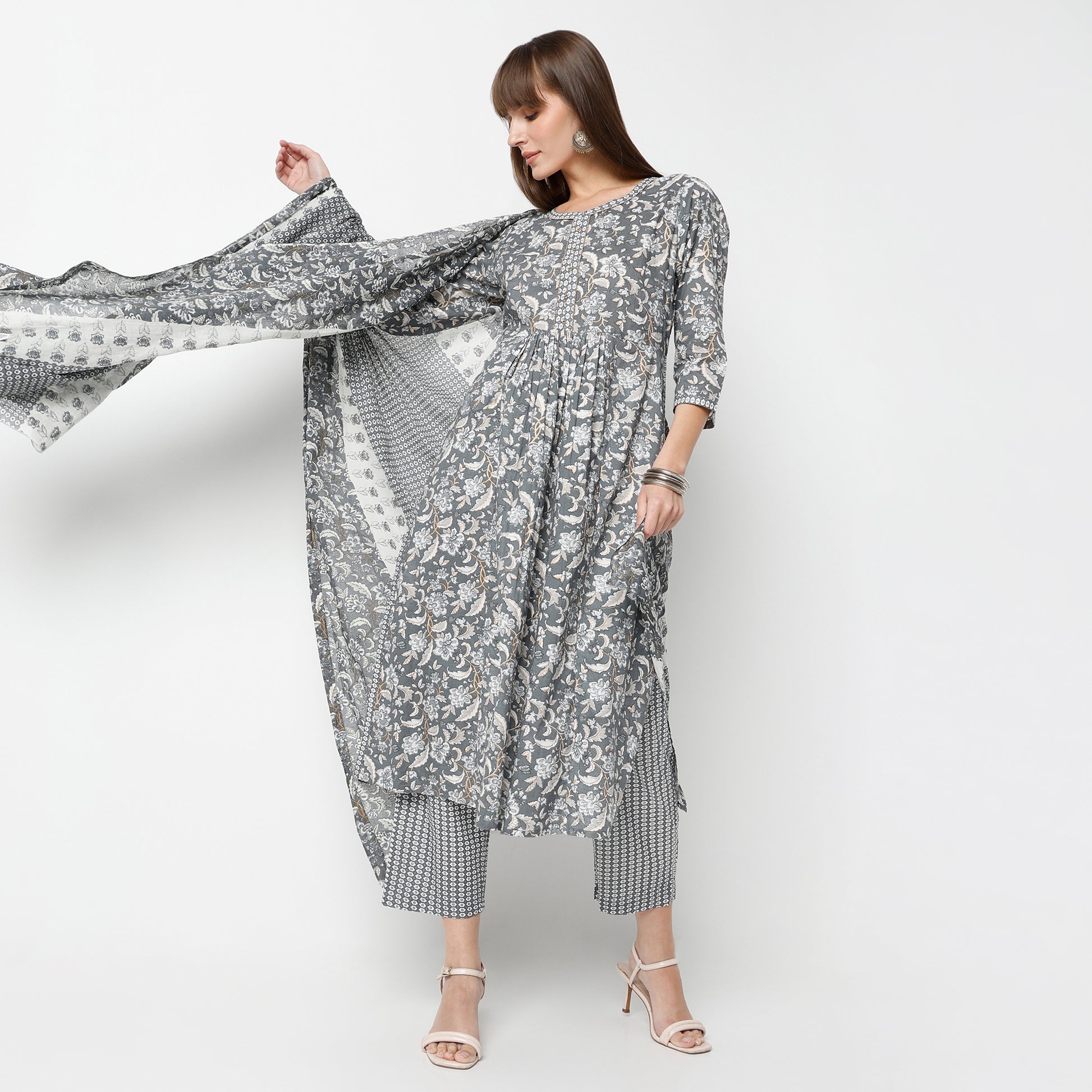 Flare Fit Printed Round Neck Kurta and Pant with Dupatta Set