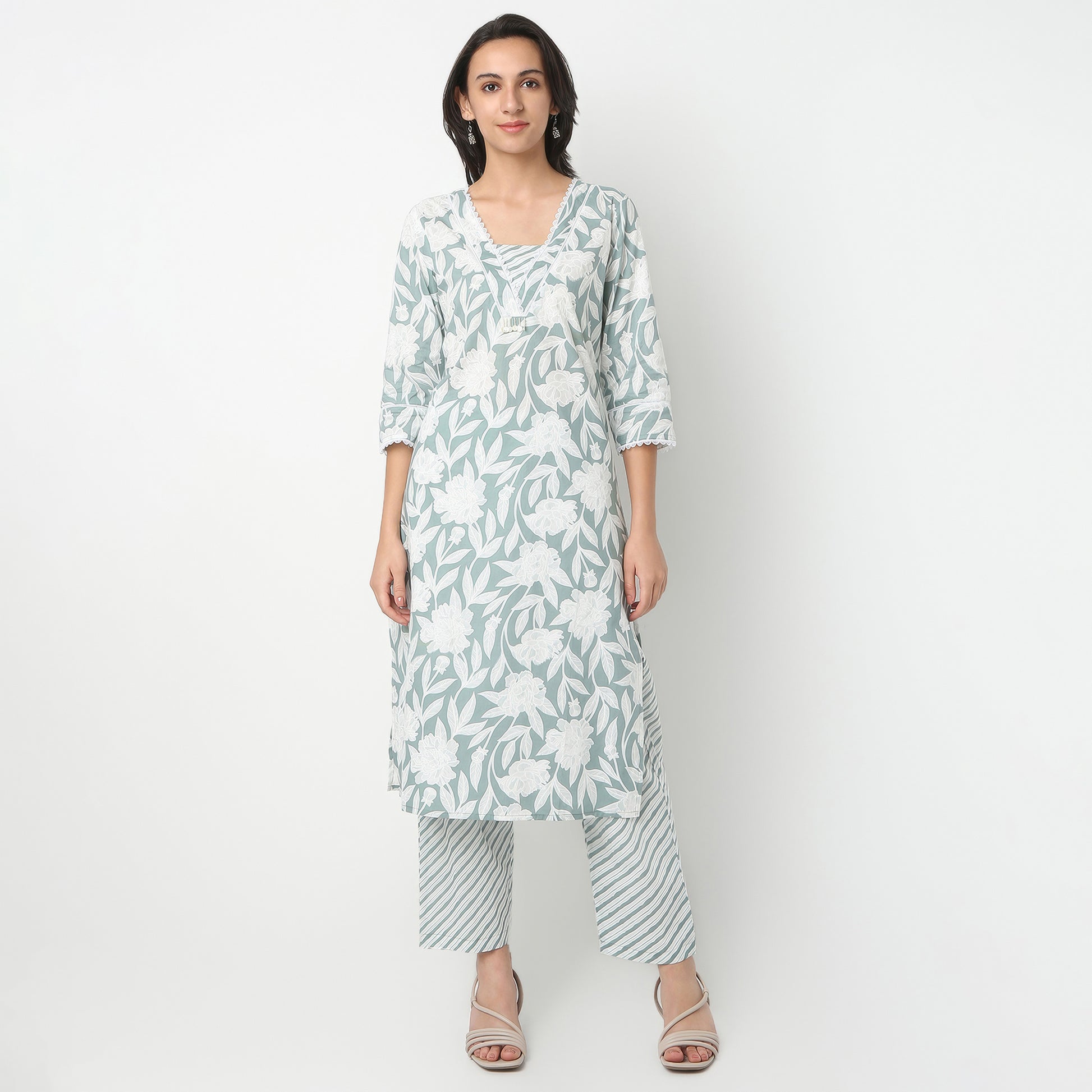 Straight Fit Printed V-Neck Kurta and Pant with Dupatta Set