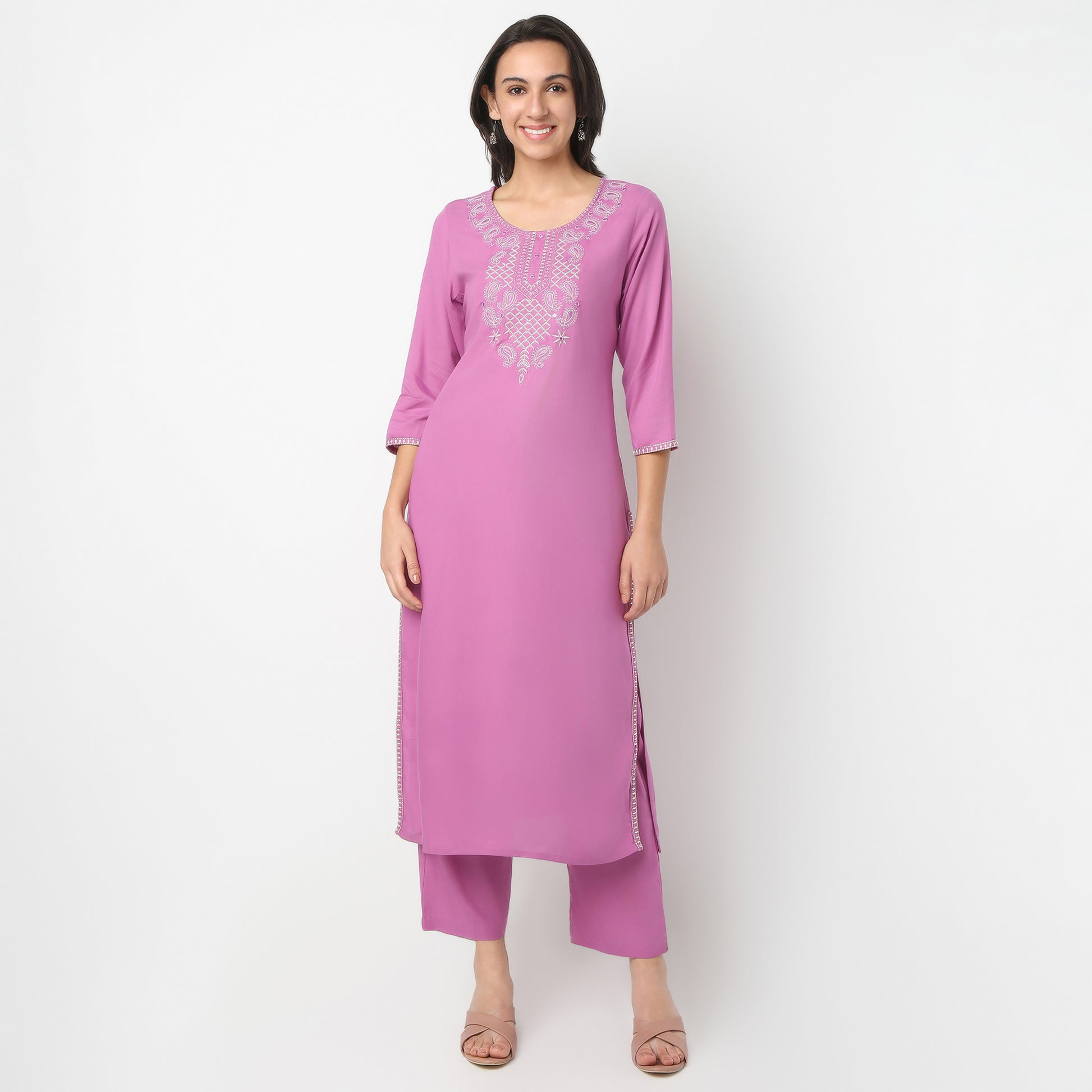 Straight Fit Printed Round Neck Kurta and Pant with Dupatta Set
