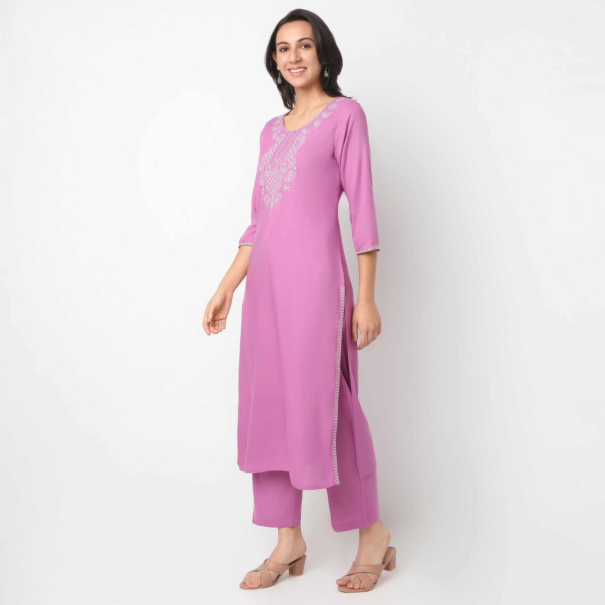 Straight Fit Printed Round Neck Kurta and Pant with Dupatta Set