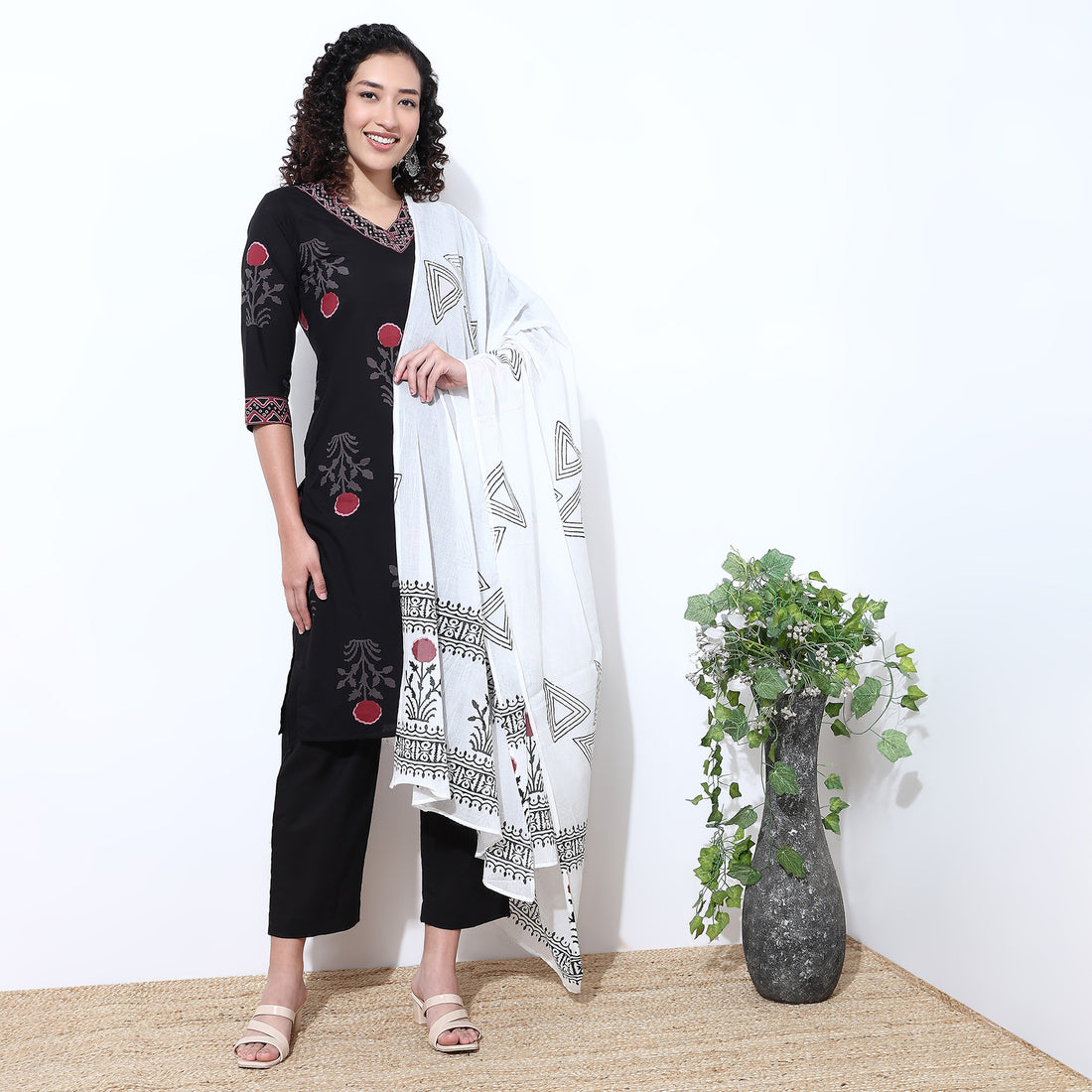 V-Neck Printed Straight Kurta and Pant with Dupatta Set