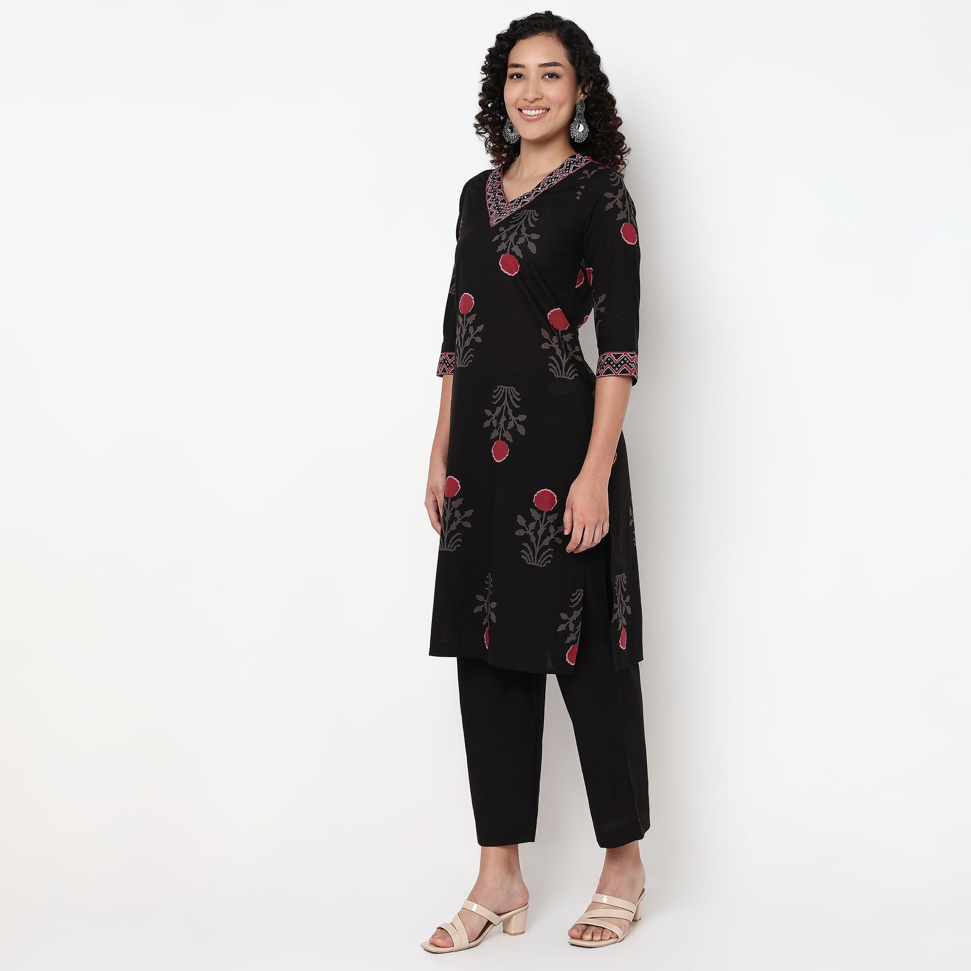 V-Neck Printed Straight Kurta and Pant with Dupatta Set