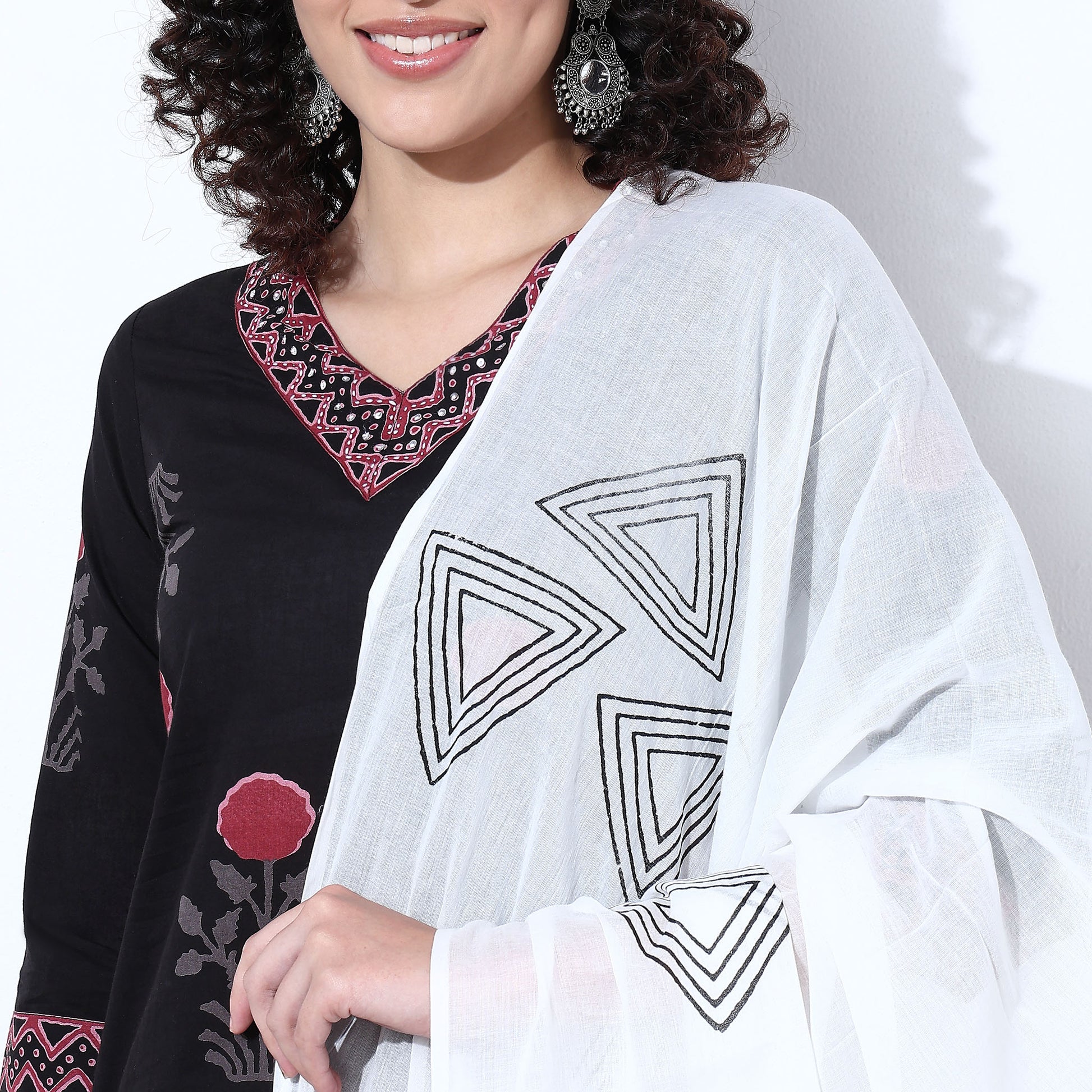 V-Neck Printed Straight Kurta and Pant with Dupatta Set
