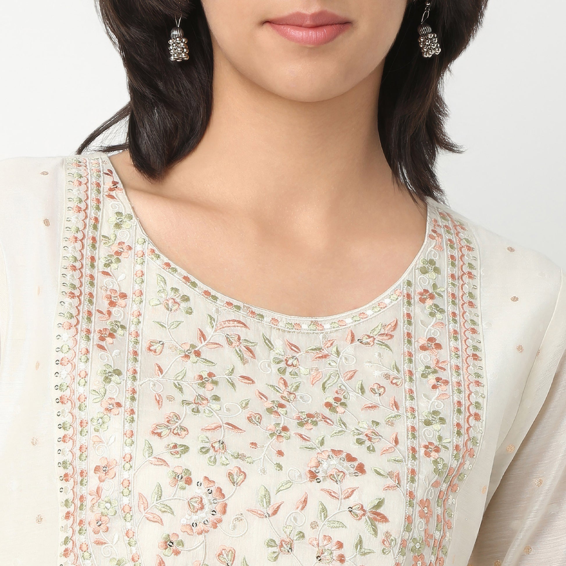 Straight Fit Embroidered Round Neck Kurta and Pant with Dupatta Set