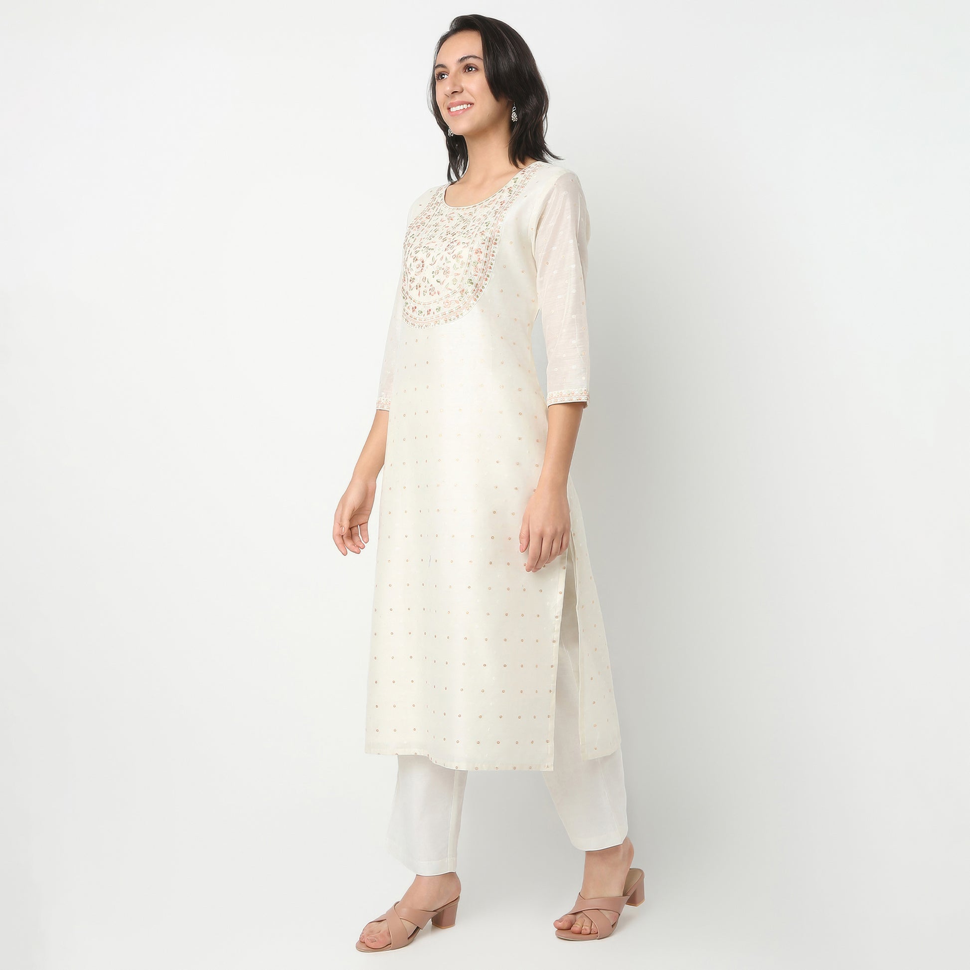Straight Fit Embroidered Round Neck Kurta and Pant with Dupatta Set