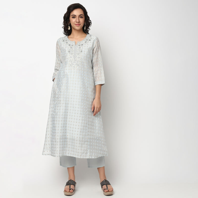 Buy Women Straight Fit Embroidered Three-Fourth Sleeve Kurta and Pant with Dupatta Set  - Style Union