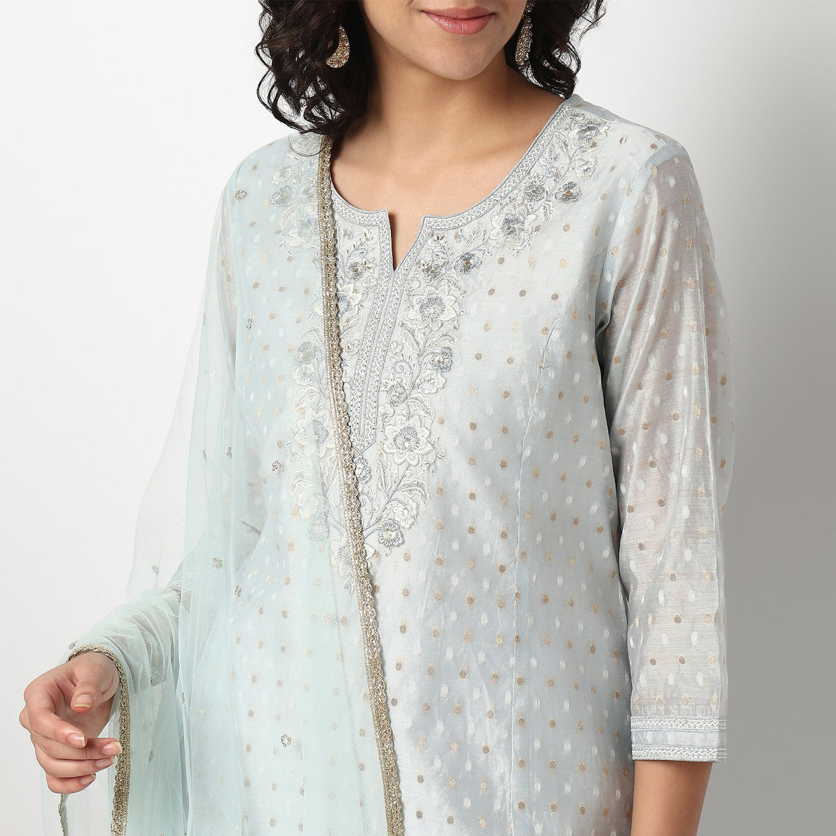 Buy Women Straight Fit Embroidered Three-Fourth Sleeve Kurta and Pant with Dupatta Set  - Style Union