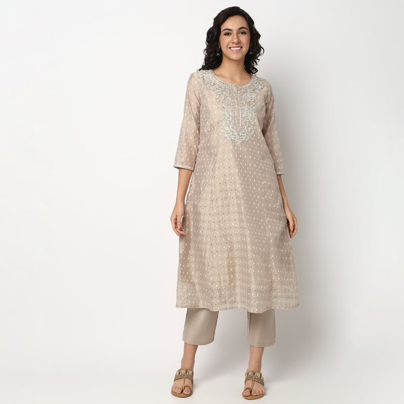 Buy Women Straight Fit Embroidered Three-Fourth Sleeve Kurta and Pant with Dupatta Set  - Style Union