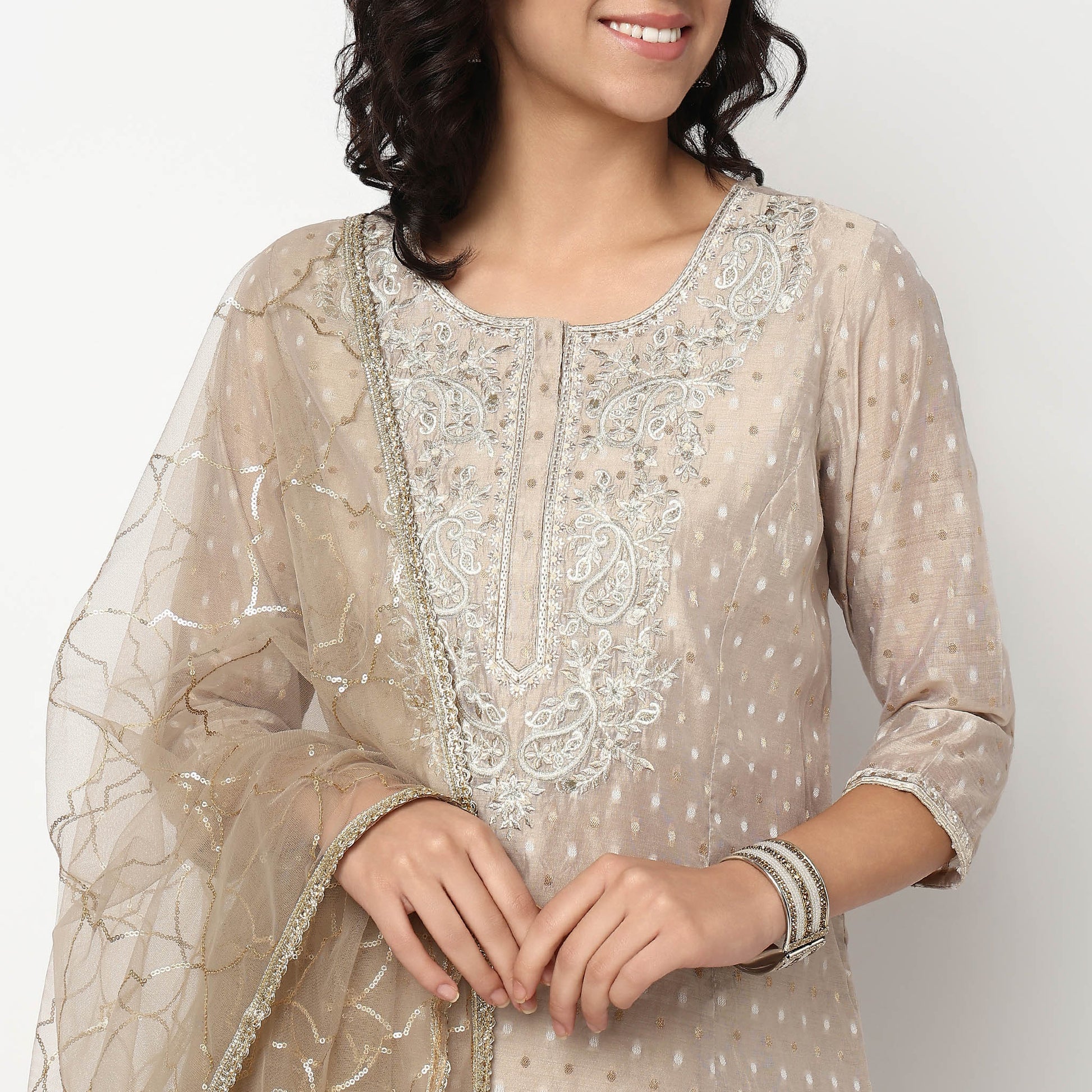 Buy Women Straight Fit Embroidered Three-Fourth Sleeve Kurta and Pant with Dupatta Set  - Style Union