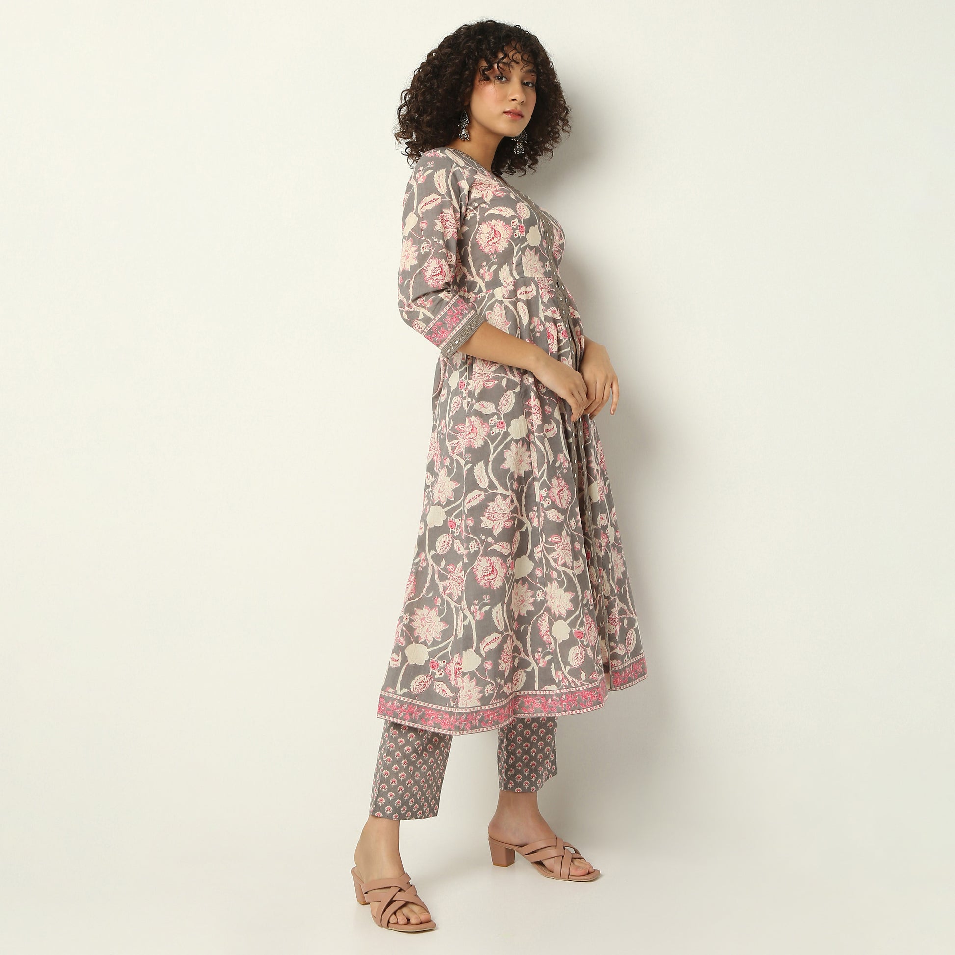 Flare Fit Printed V-Neck Kurta with Pant Set