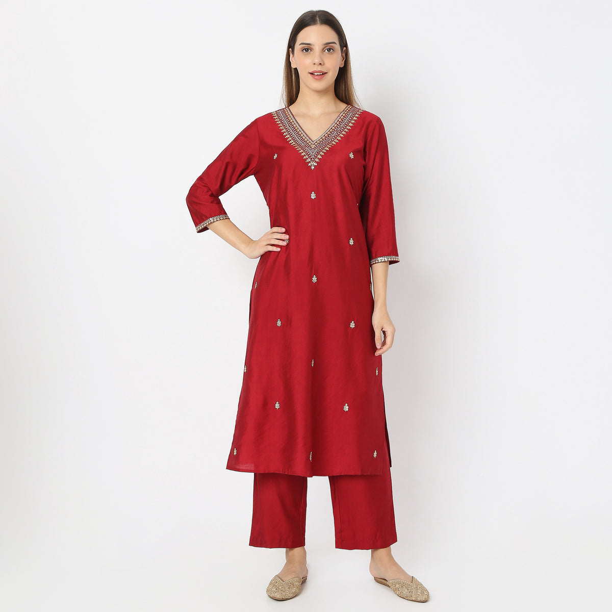 Embroidered V-Neck Traditional Straight Kurta with Pant Set