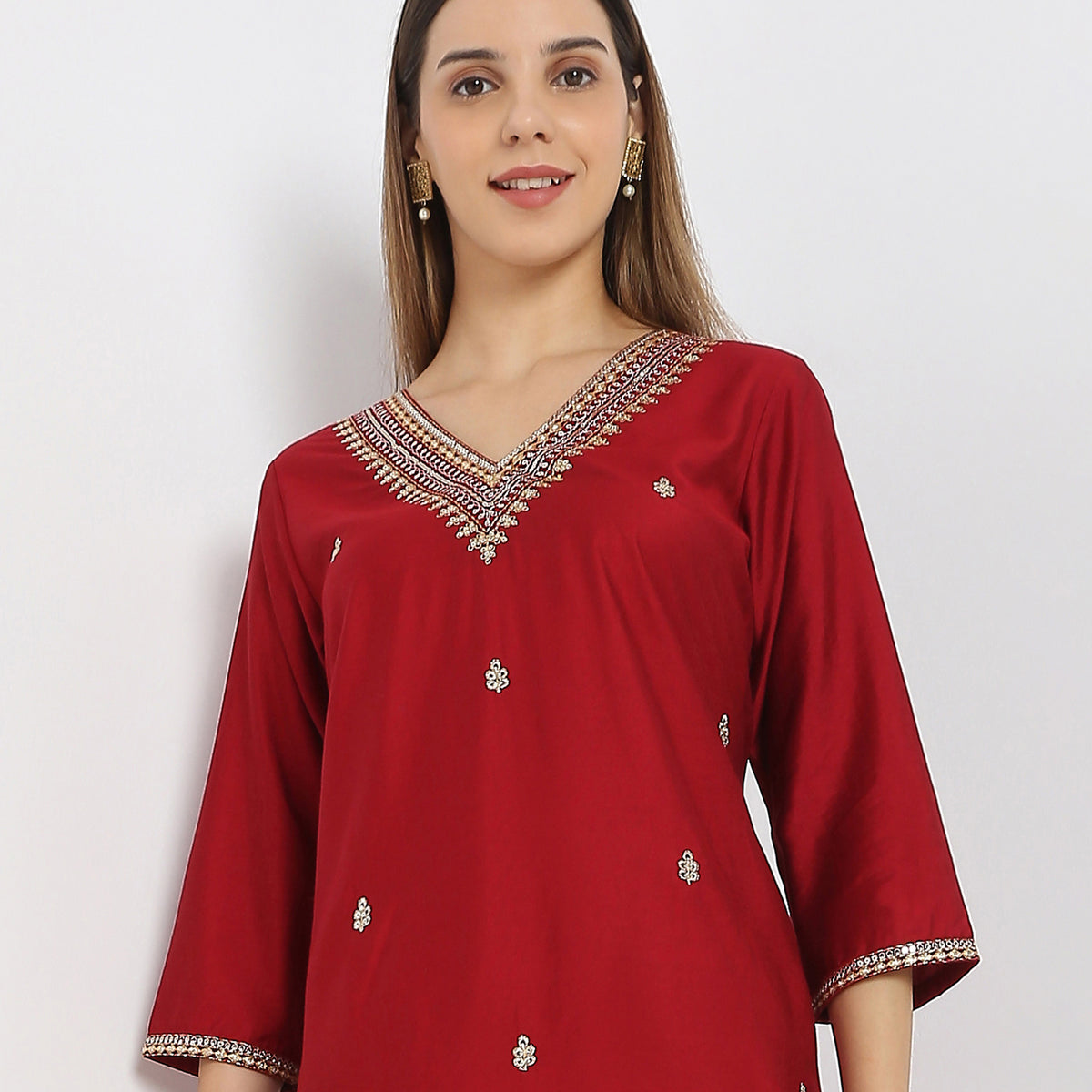 Embroidered V-Neck Traditional Straight Kurta with Pant Set