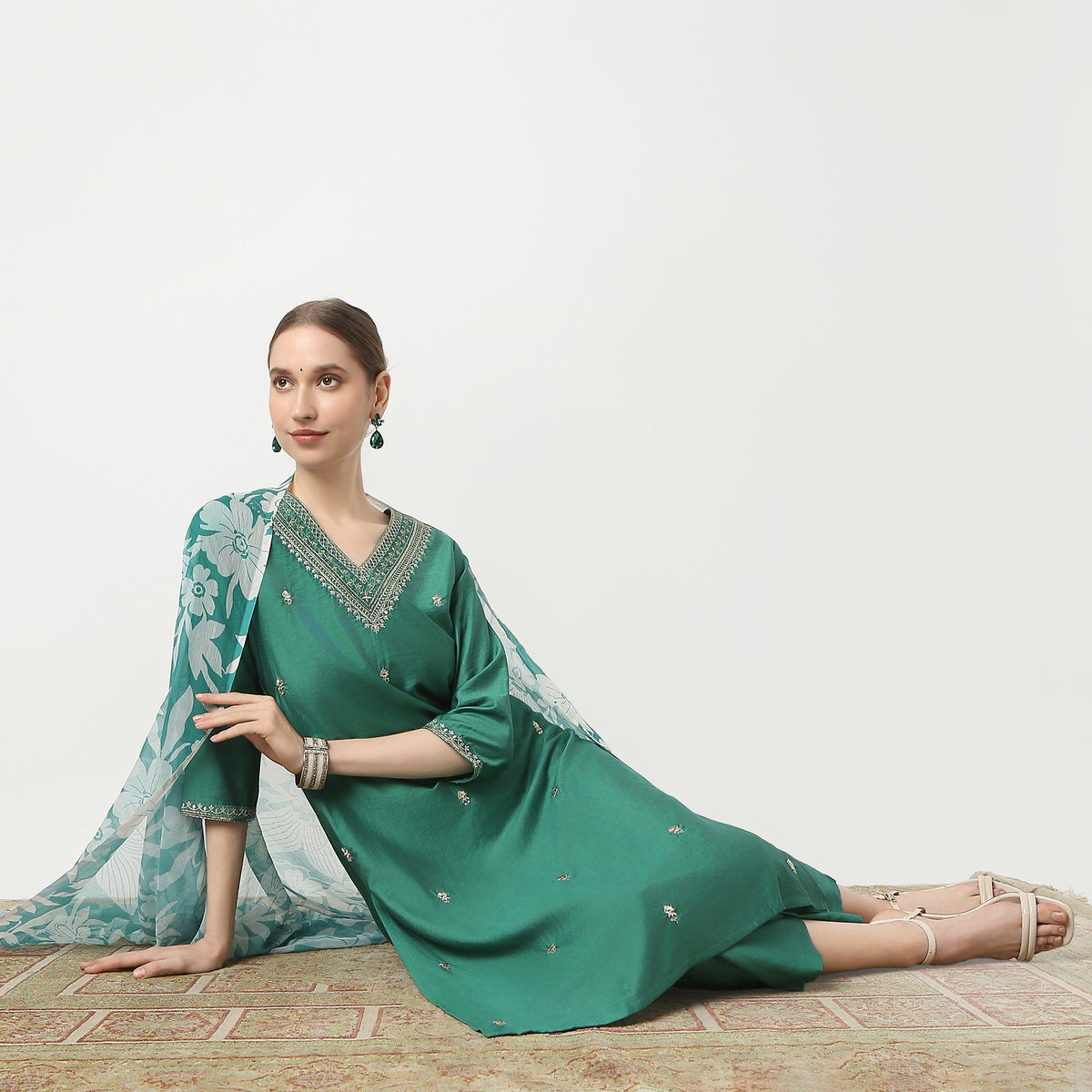 Straight Fit Embroidered Kurta and Pant with Dupatta Set