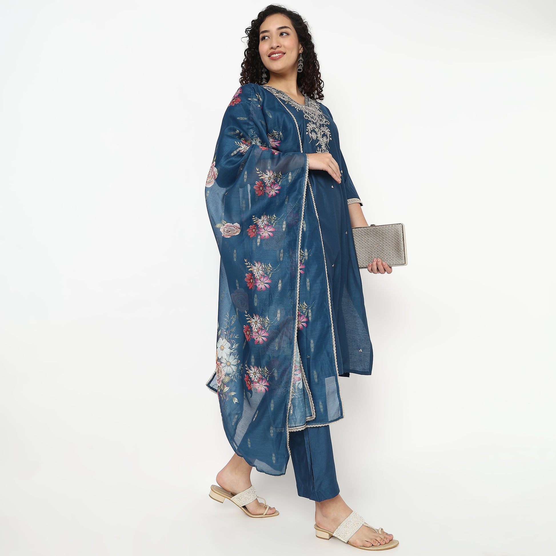 V-Neck Embroidered Kurta and Pant With Dupatta Set
