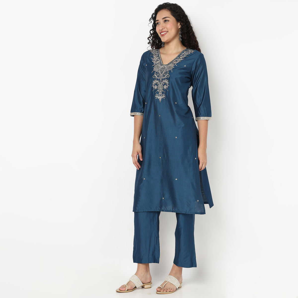 V-Neck Embroidered Kurta and Pant With Dupatta Set