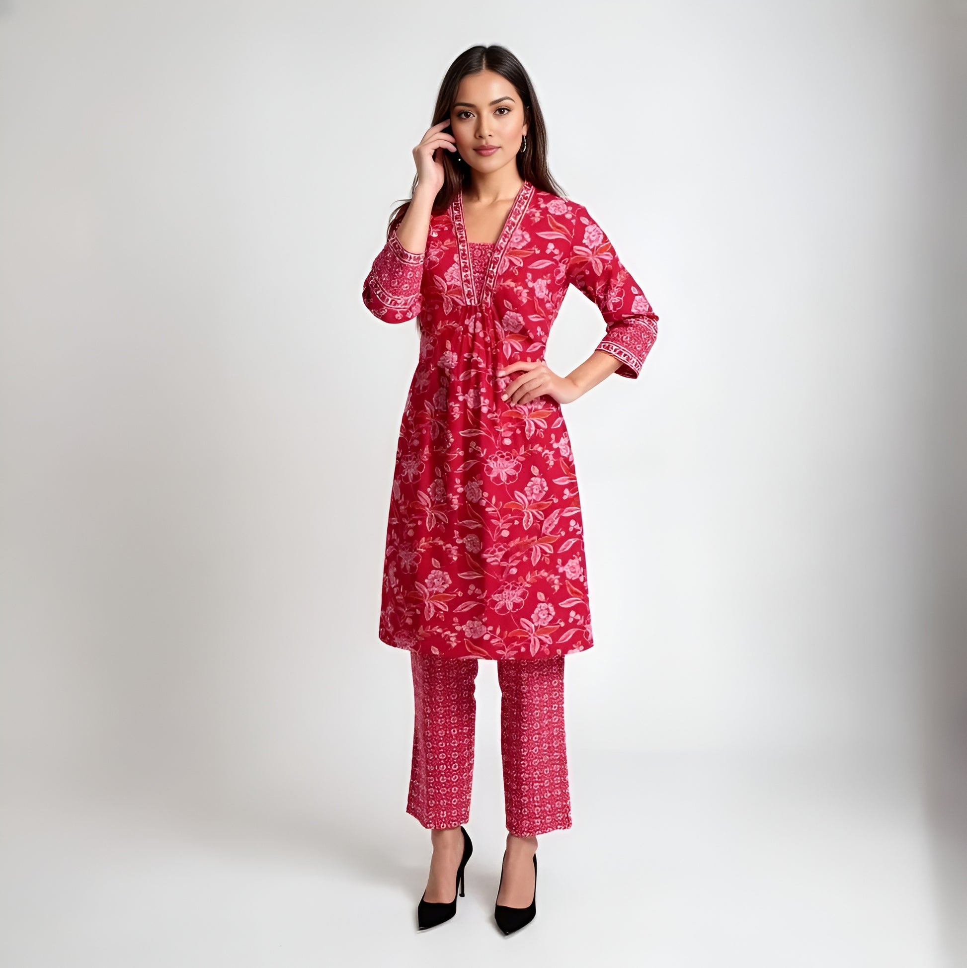 V-Neck Printed Flared Kurta and Pant Set