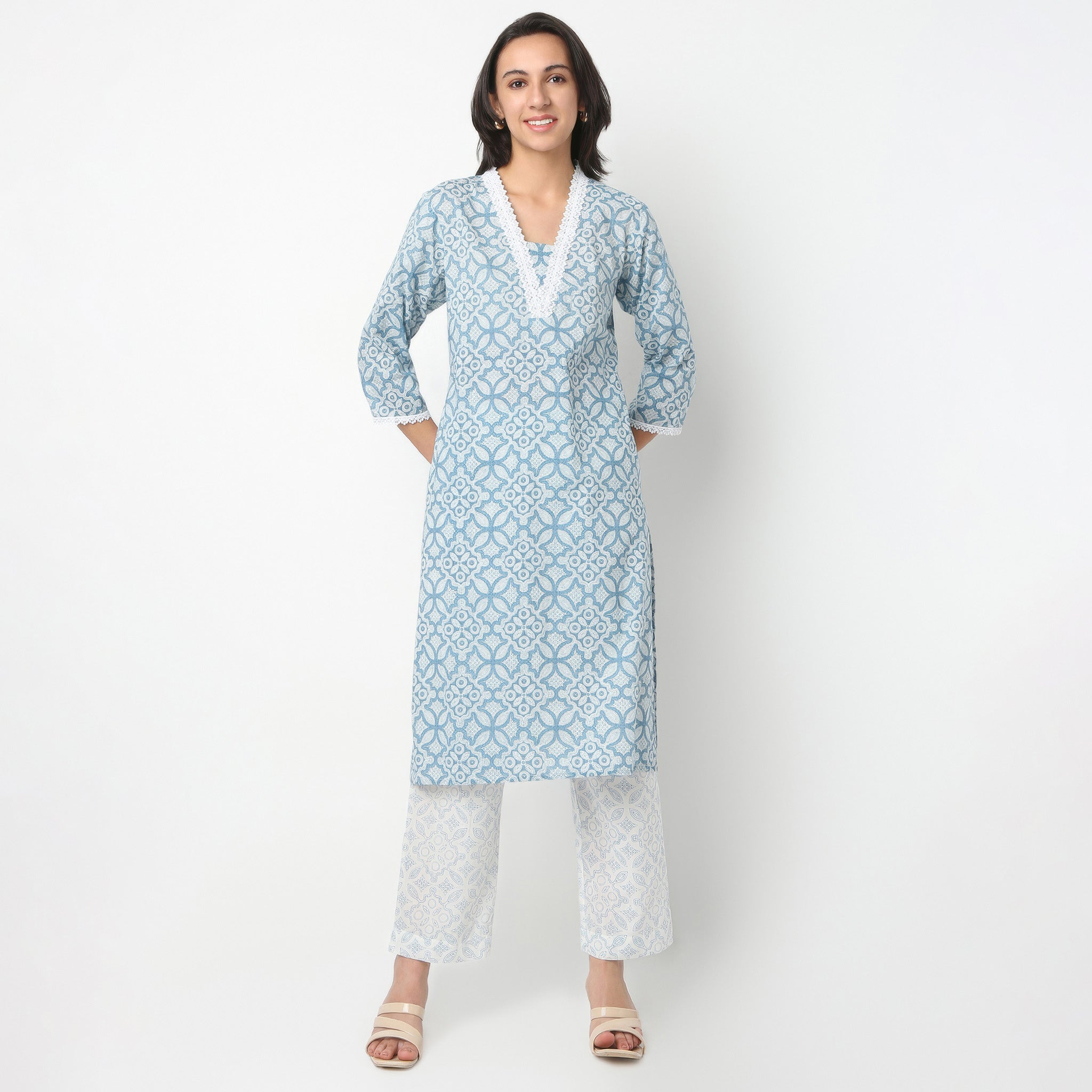Straight Fit Printed V-Neck Kurta with Pant Set