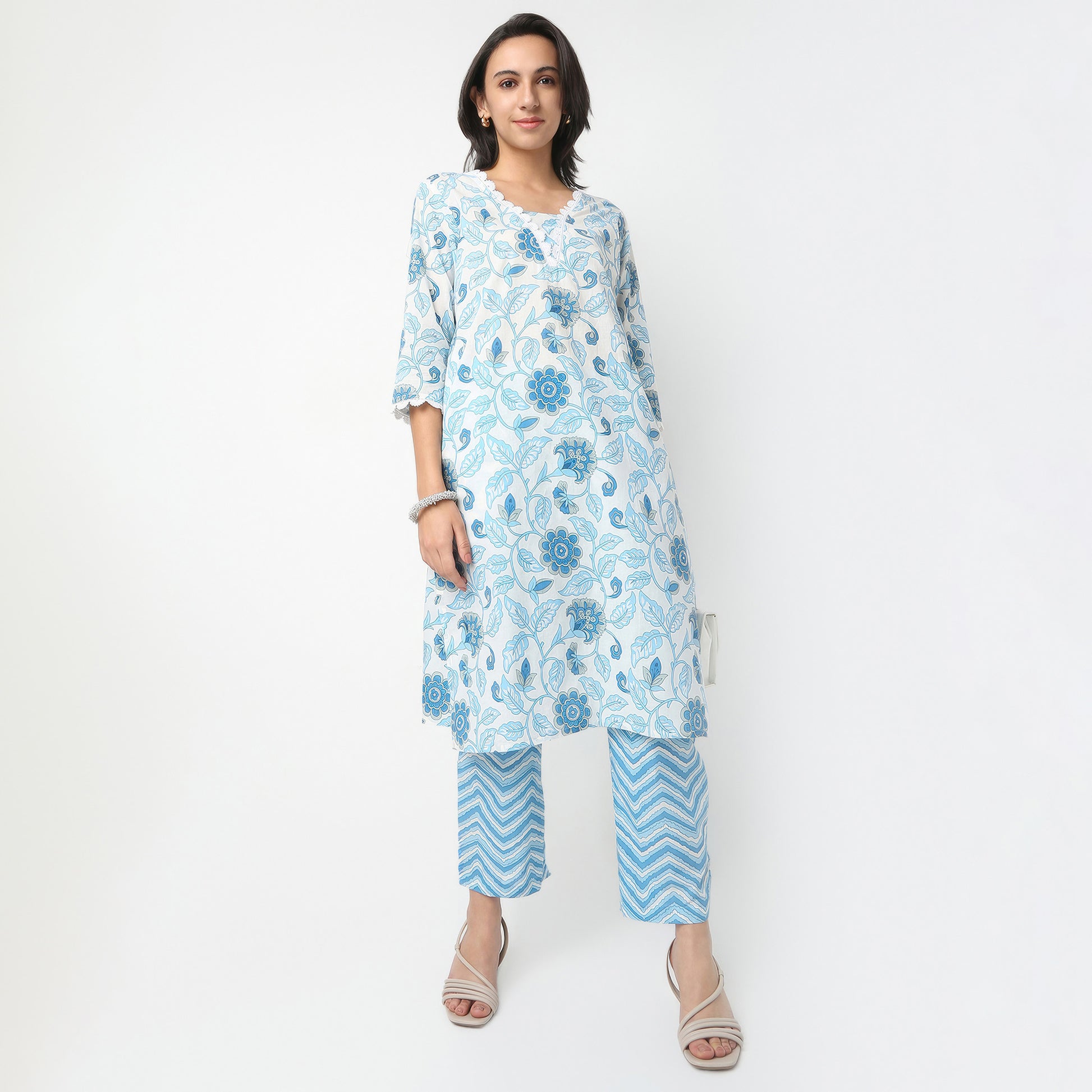 Straight Fit Printed V-Neck Kurta with Pant Set