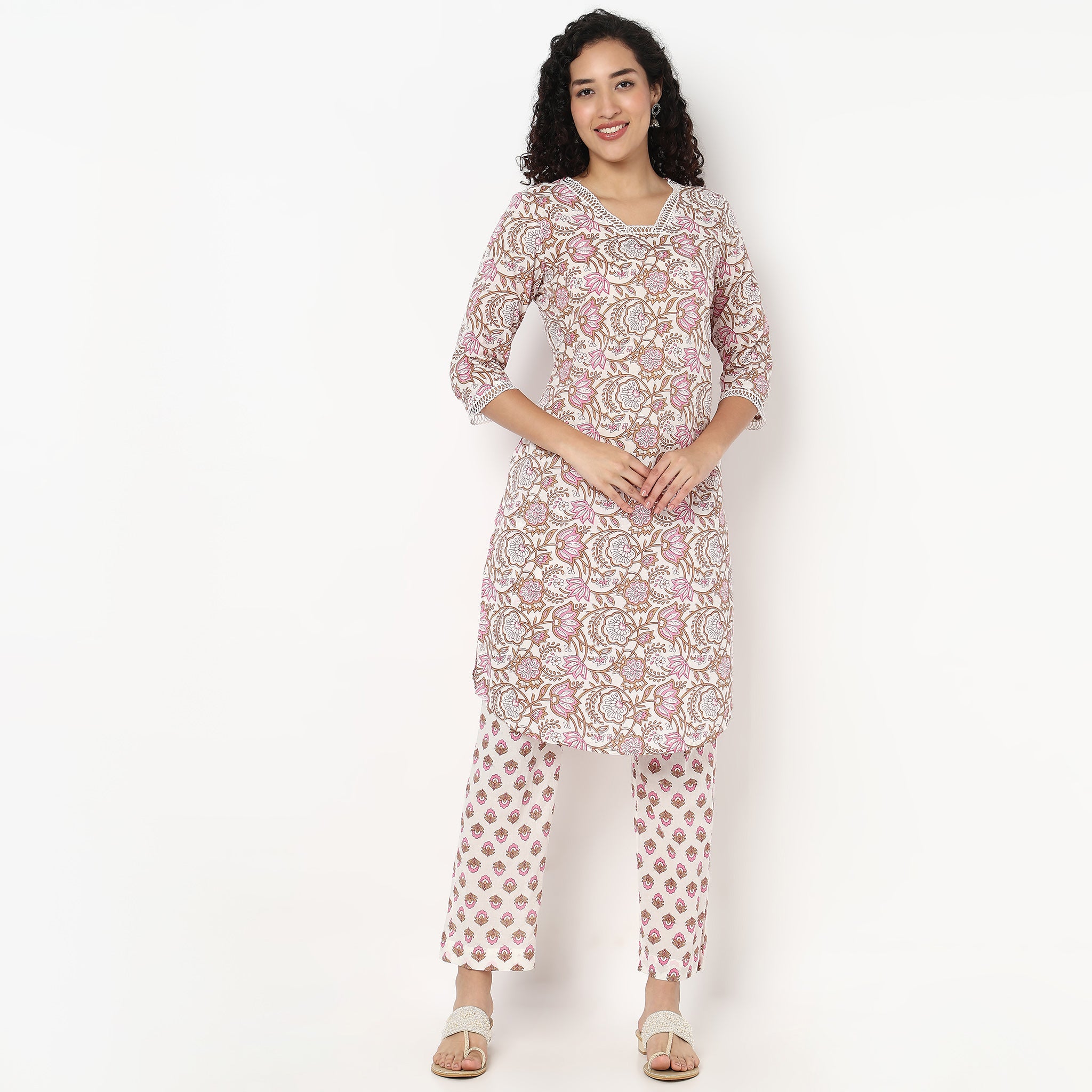 V-Neck Printed Kurta and Pant Set