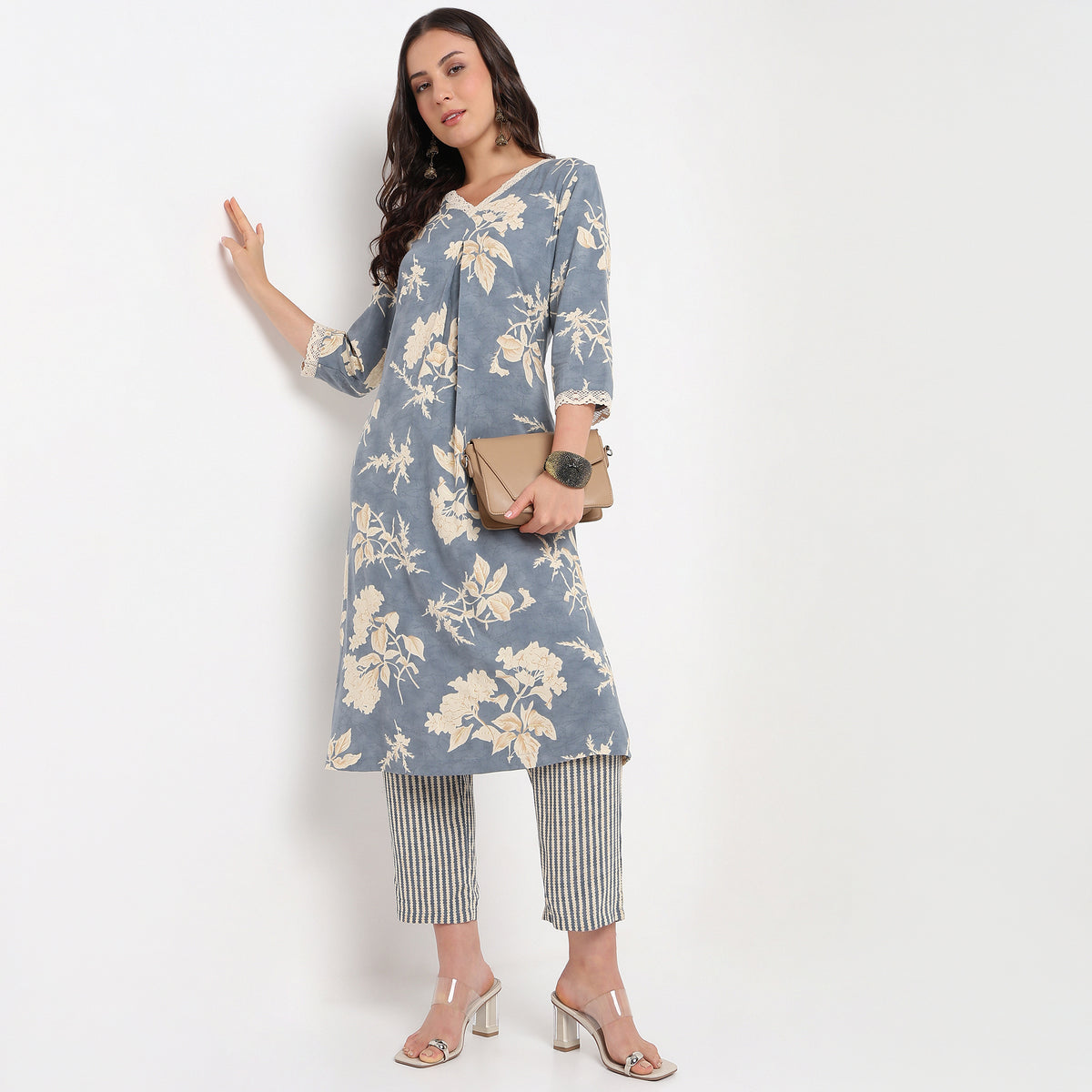 Straight Fit Printed V-Neck Kurta with Pant Set