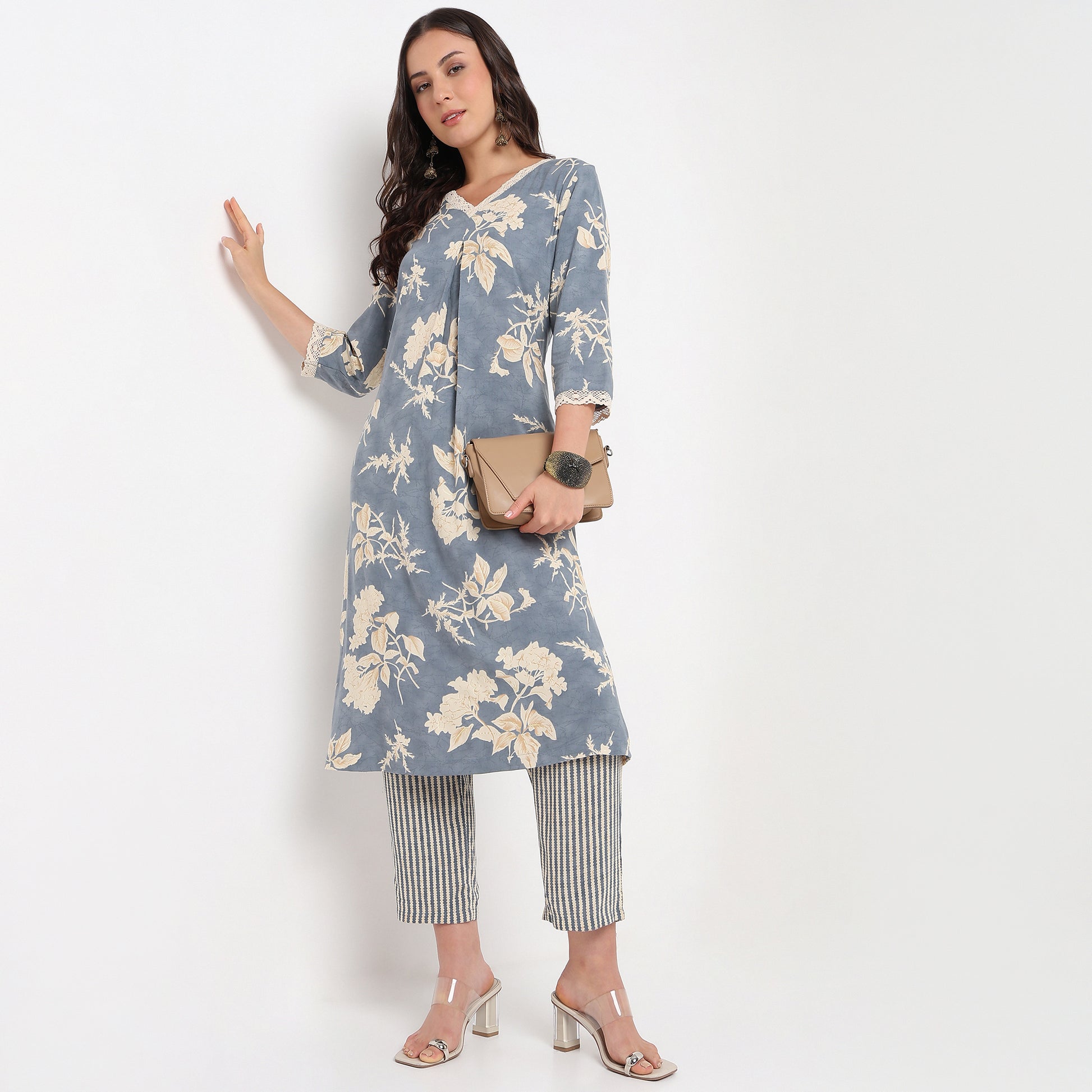 V-Neck Printed Kurta and Pant Set