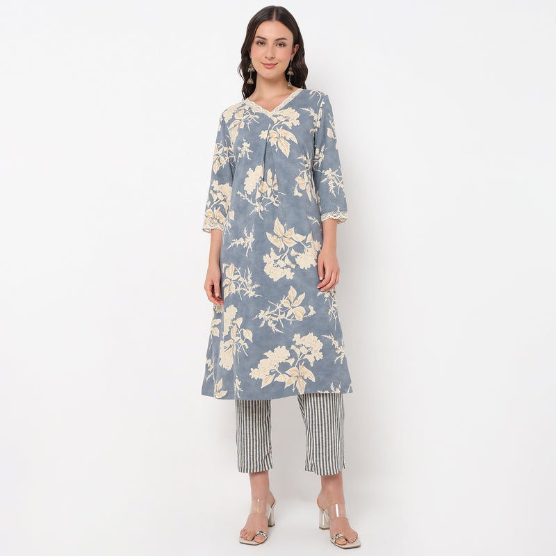 Straight Fit Printed V-Neck Kurta with Pant Set