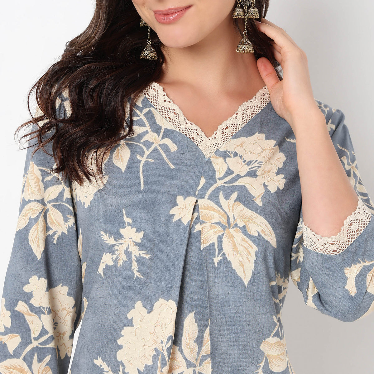 Straight Fit Printed V-Neck Kurta with Pant Set
