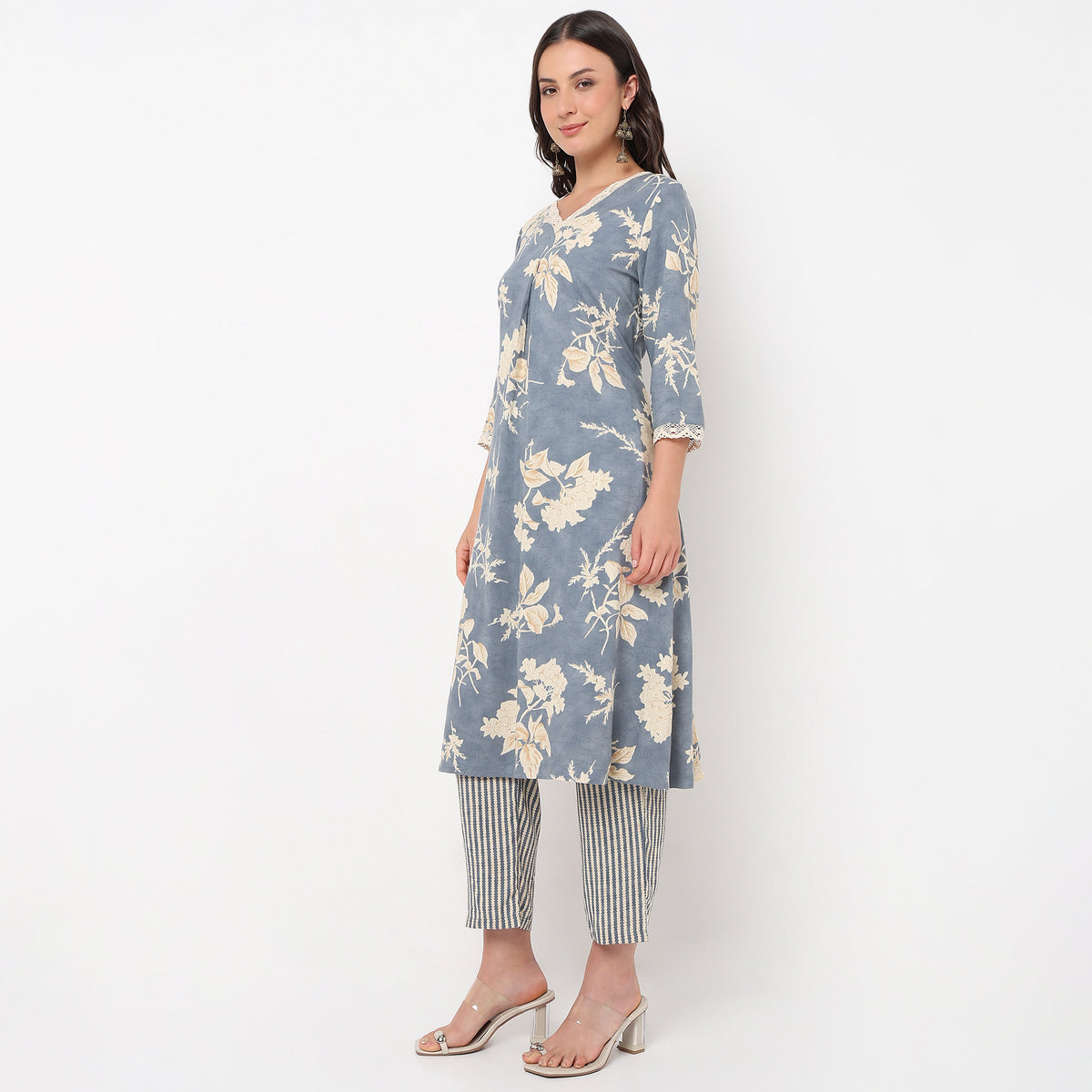 Straight Fit Printed V-Neck Kurta with Pant Set