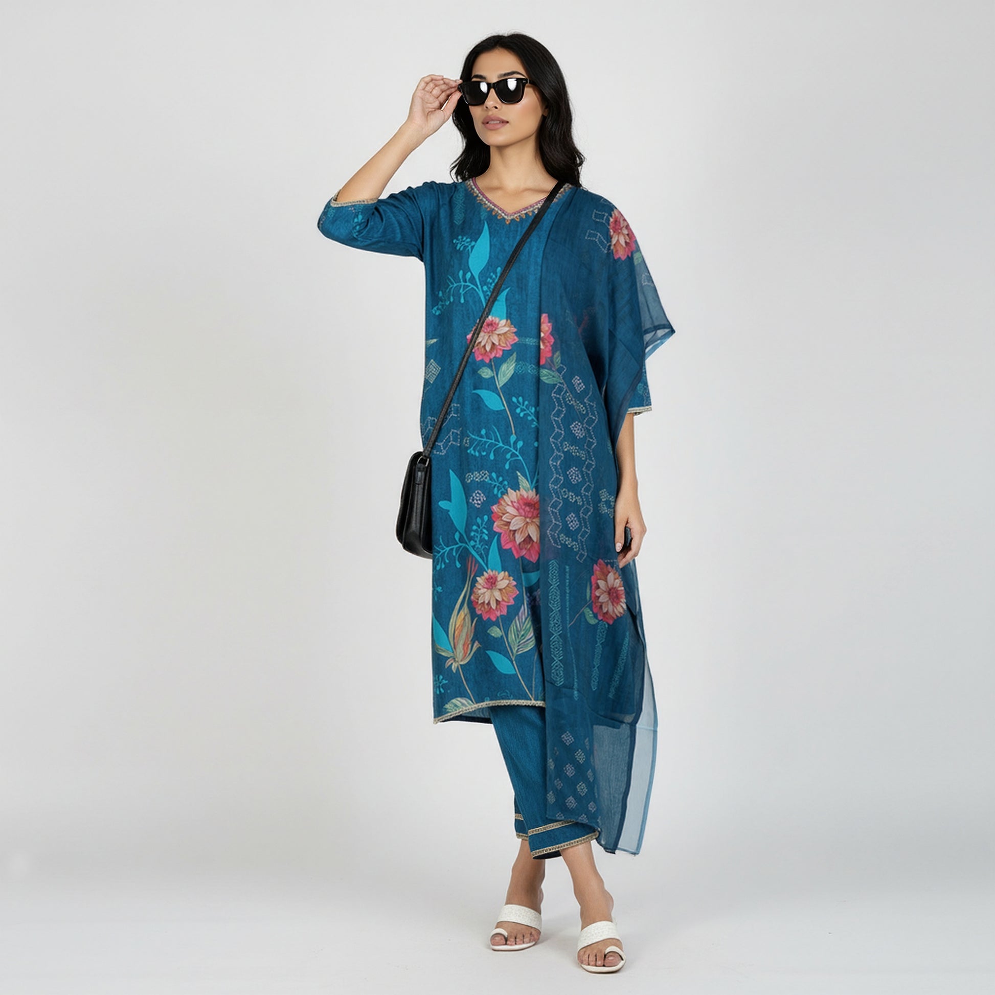 V-Neck Printed Kurta and Pant with Dupatta Set