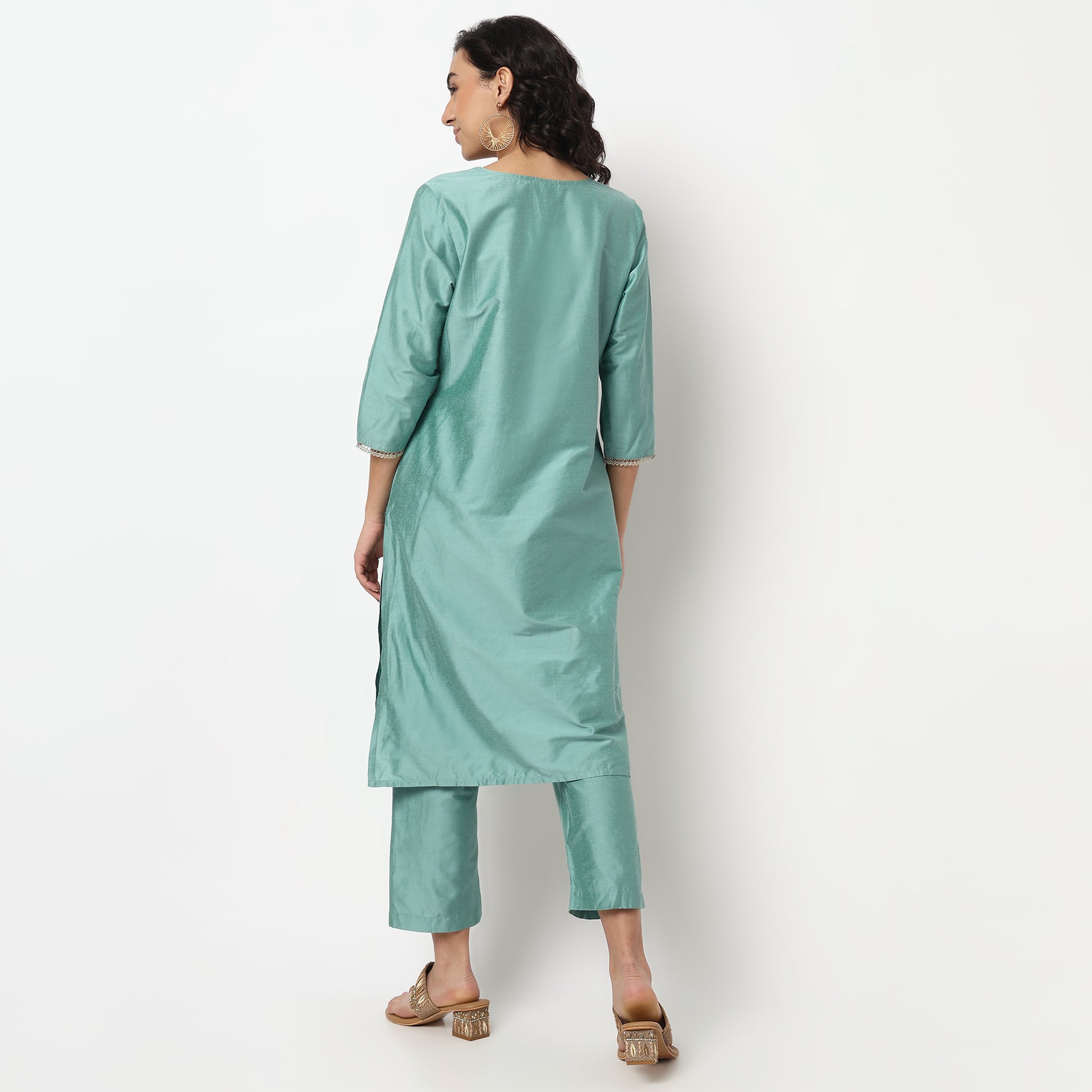 Buy Women Straight Fit Embroidered Three-Fourth Sleeve Kurta with Pant Set  - Style Union