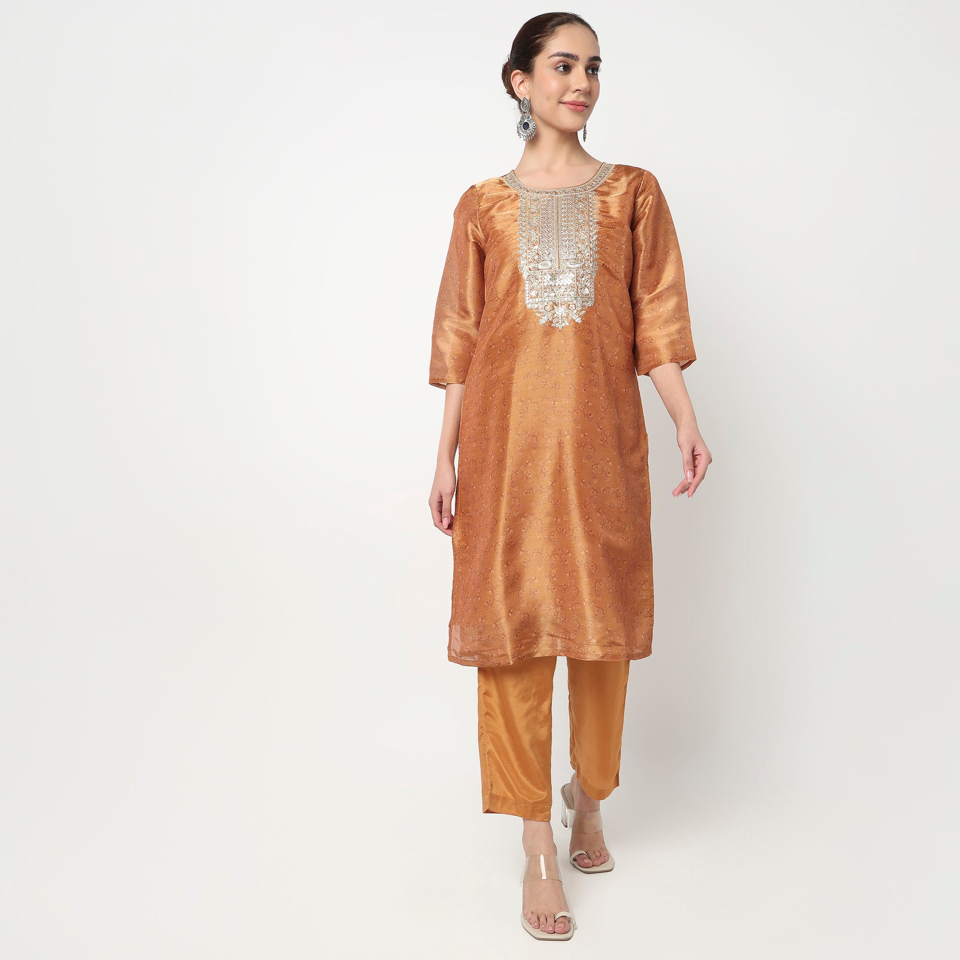 Embellished Straight Kurta with Pant and Dupatta Set