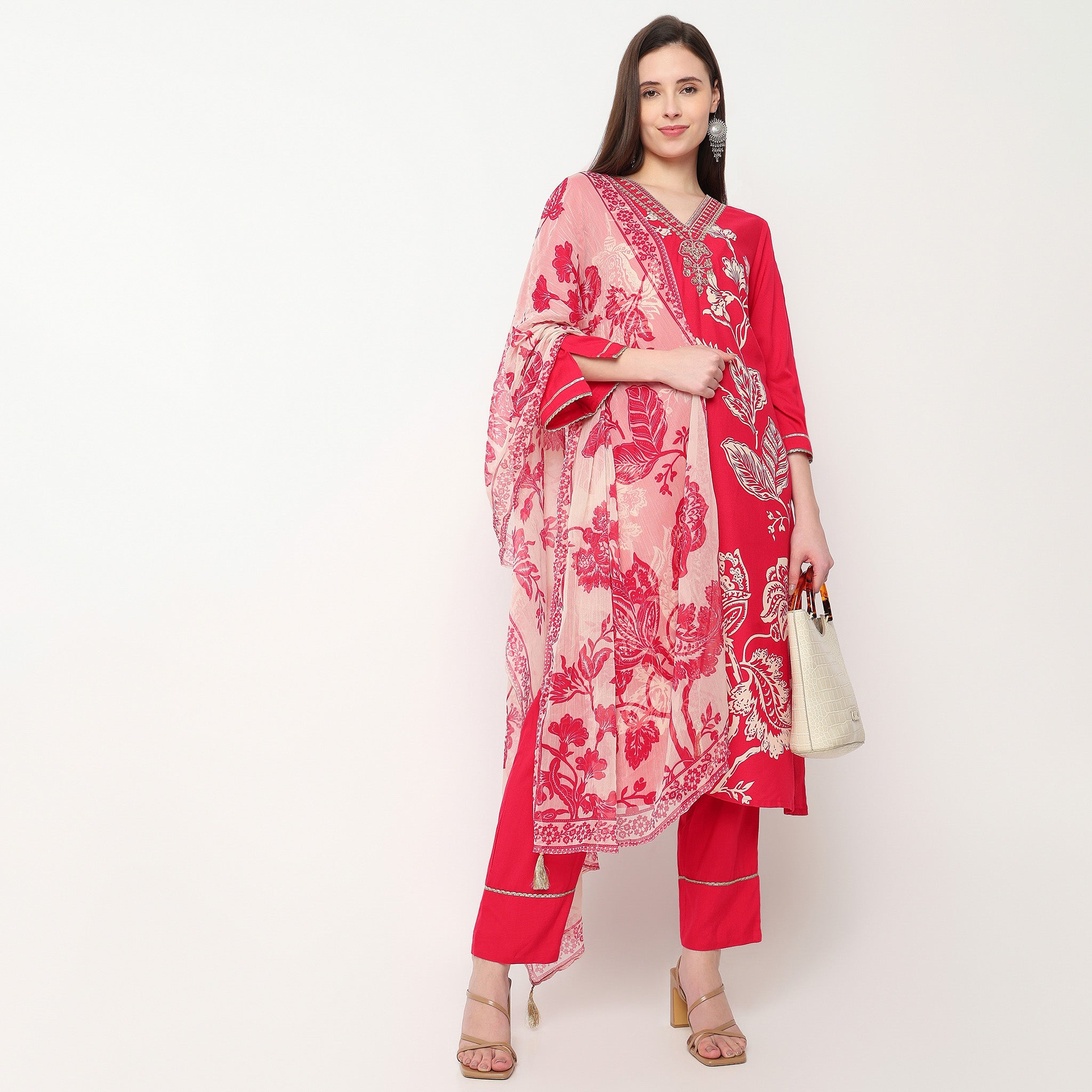 Printed V-Neck Straight Kurta with Pant Set