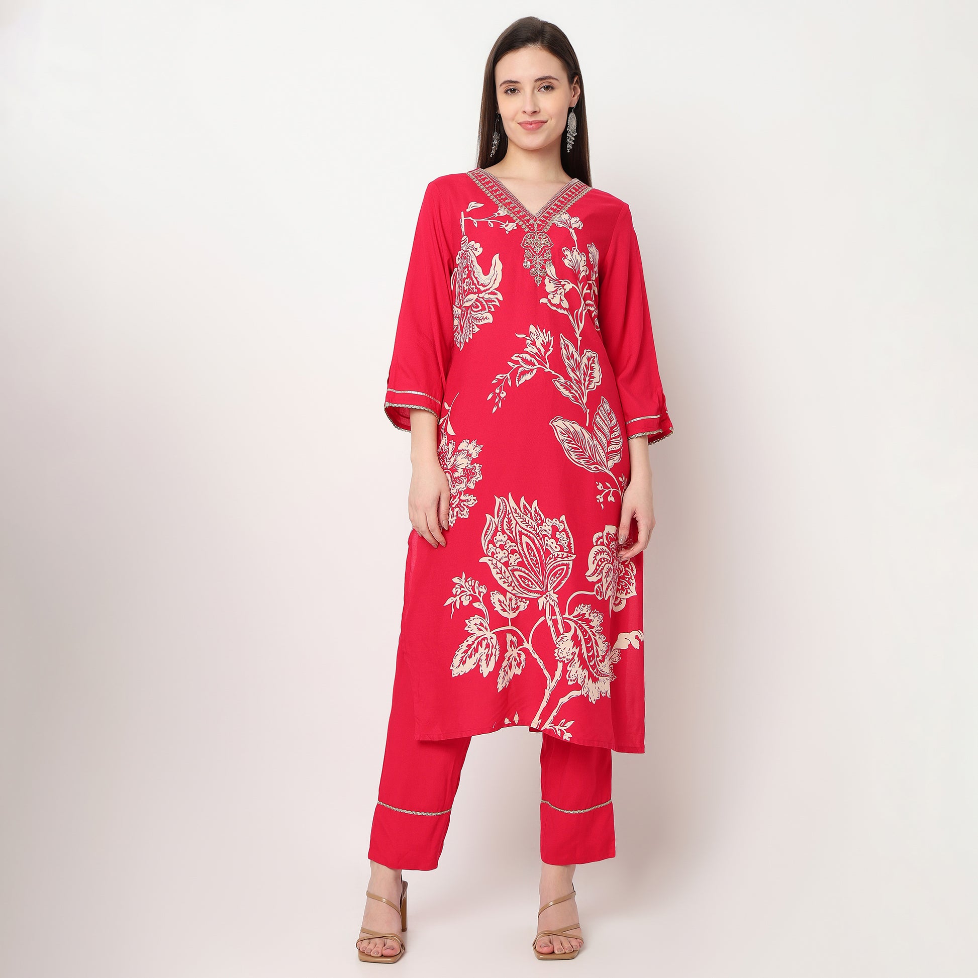 Printed V-Neck Straight Kurta with Pant Set