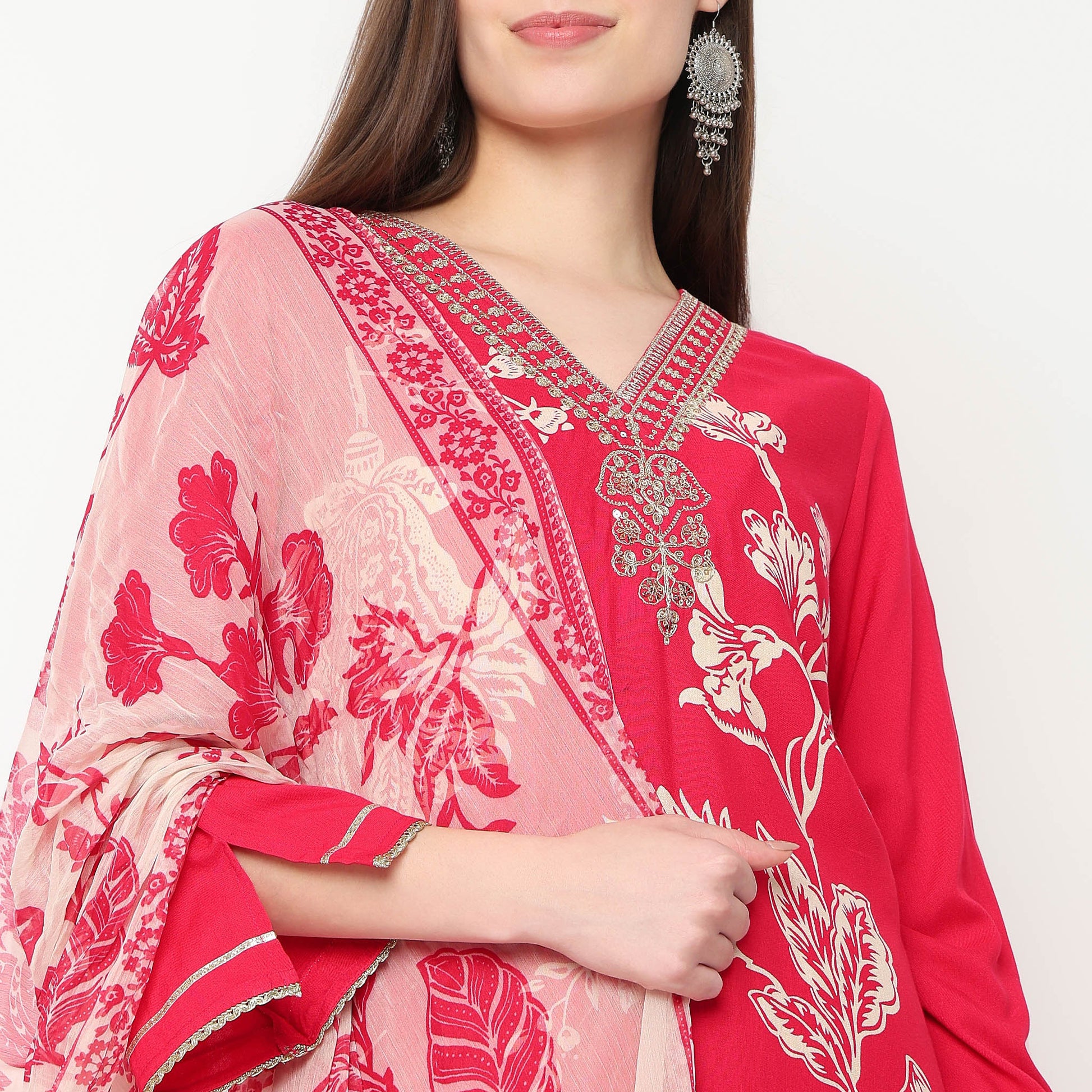 Printed V-Neck Straight Kurta with Pant Set