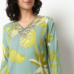 Printed V-Neck Straight Kurta with Pant Set
