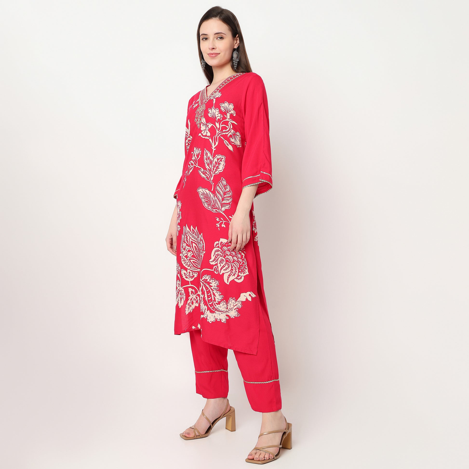 Printed V-Neck Straight Kurta with Pant Set