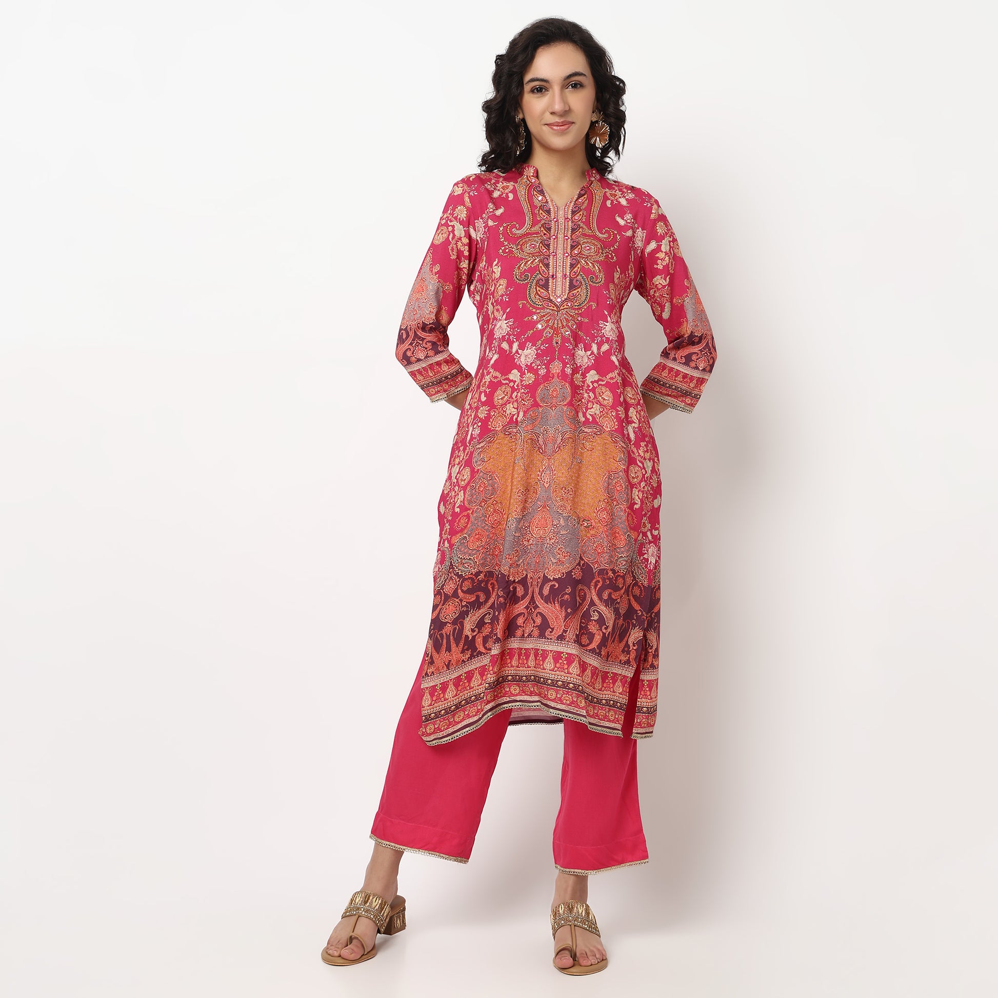 Buy Women Straight Fit Printed Three-Fourth Sleeve Kurta and Pant with Dupatta Set  - Style Union