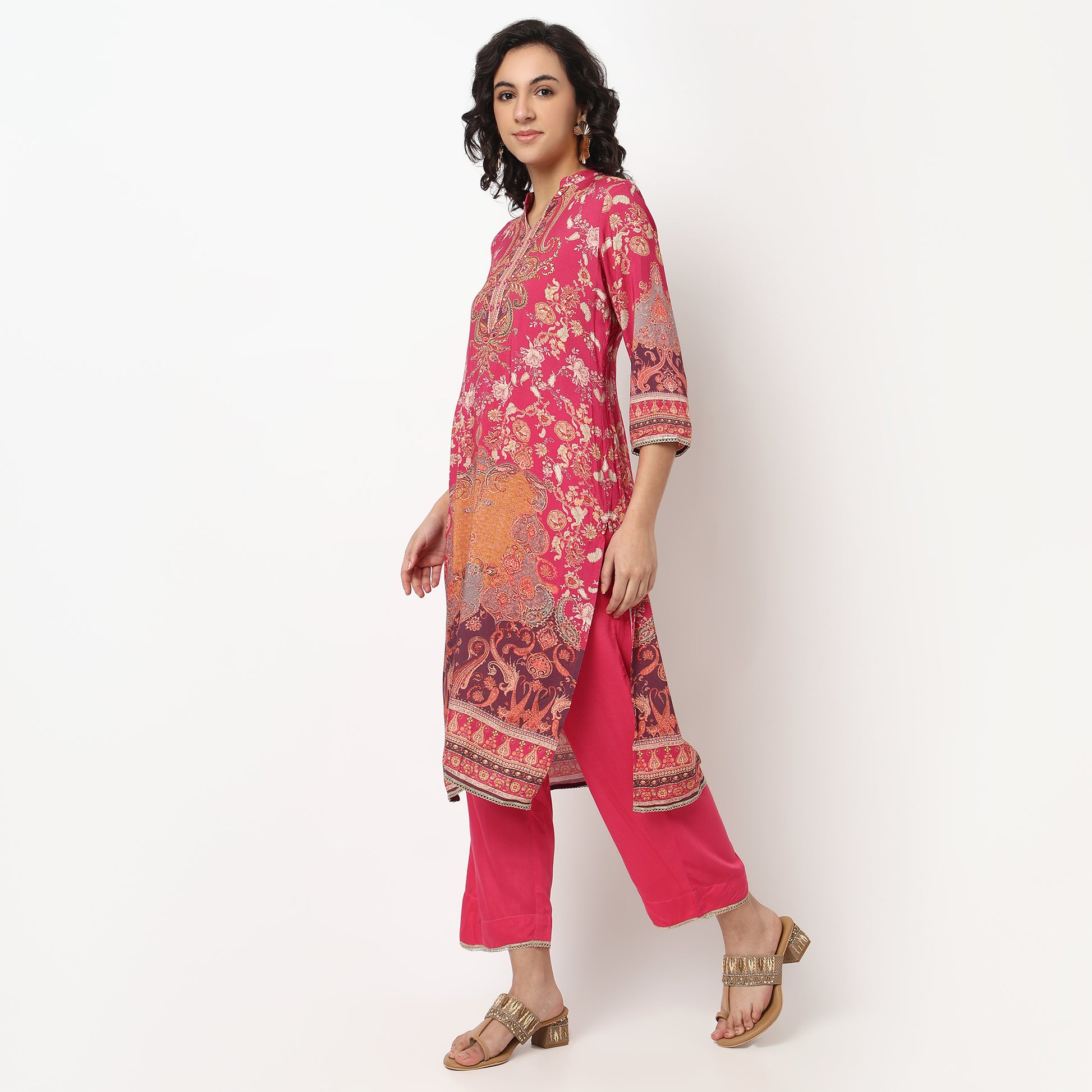 Buy Women Straight Fit Printed Three-Fourth Sleeve Kurta and Pant with Dupatta Set  - Style Union