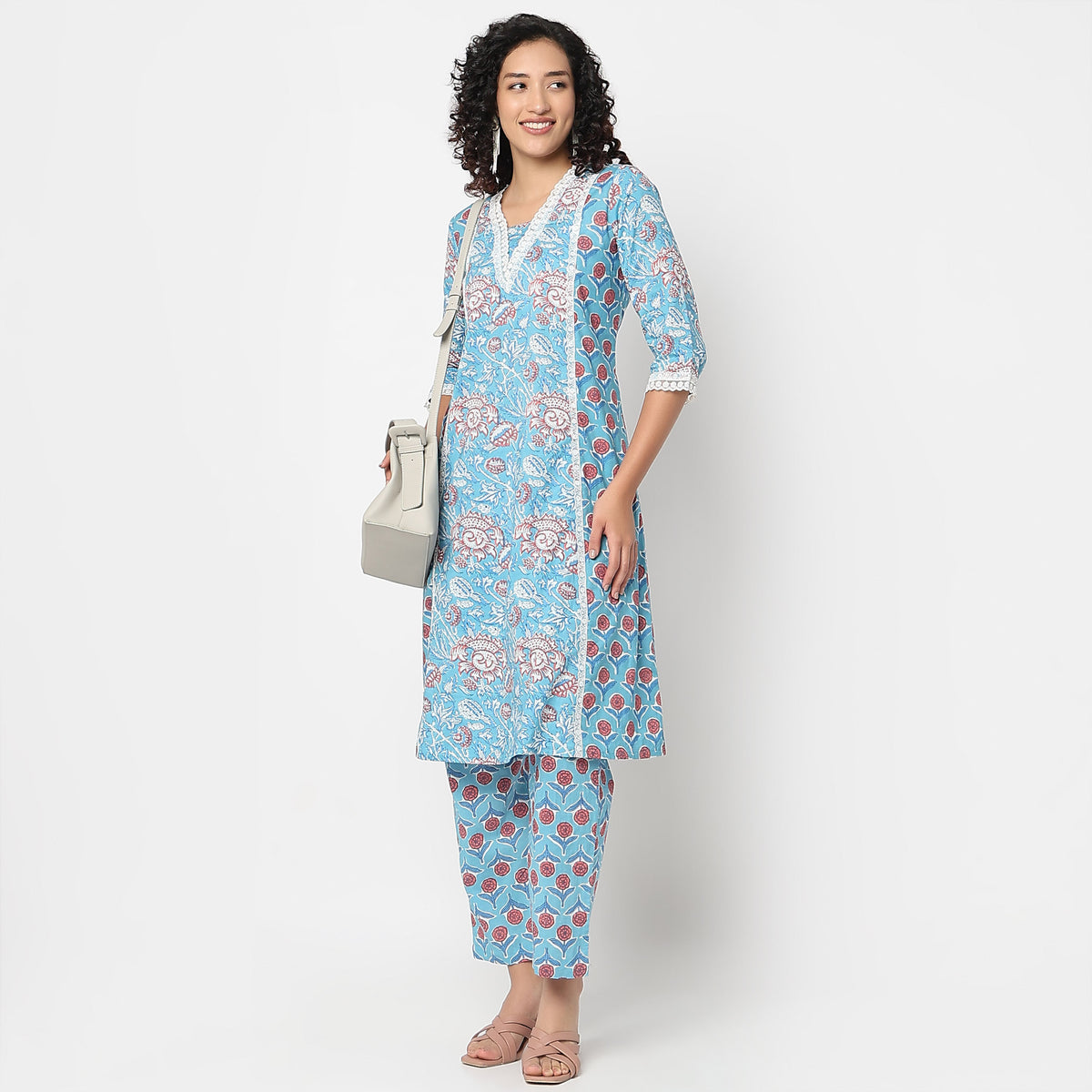 Flare Fit Printed V-Neck Kurta with Pant Set