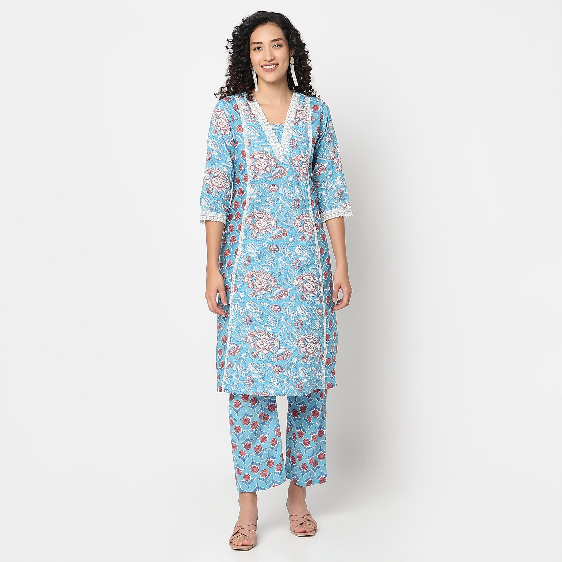Flare Fit Printed V-Neck Kurta with Pant Set